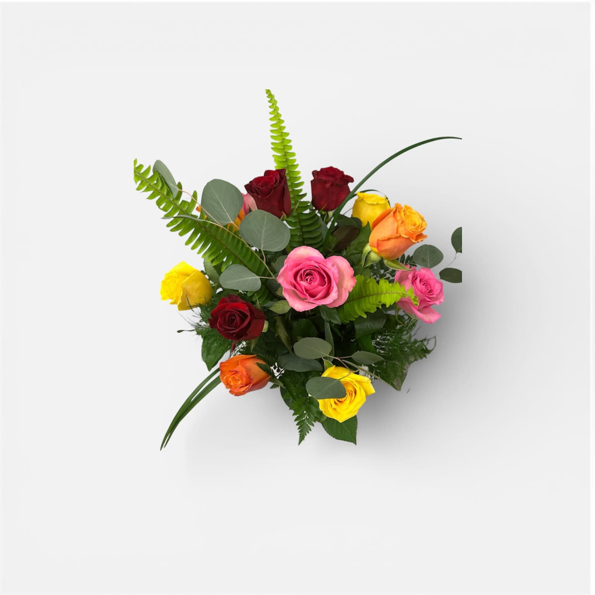 A bright cluster of red, yellow, pink, and orange roses arranged in, photo 2 of 3