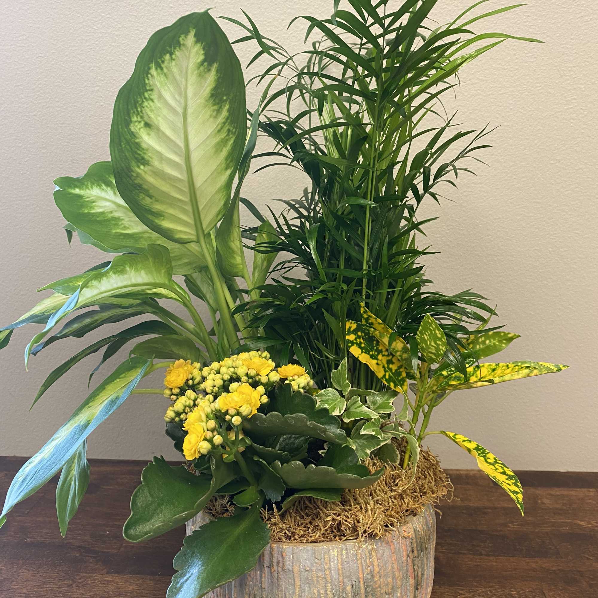 Mixed potted plants with yellow flowers in a rustic container