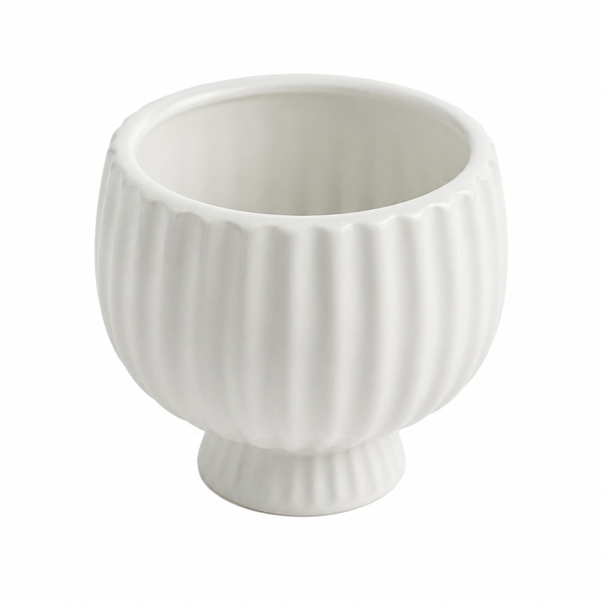 White ribbed ceramic planter with a rounded shape
