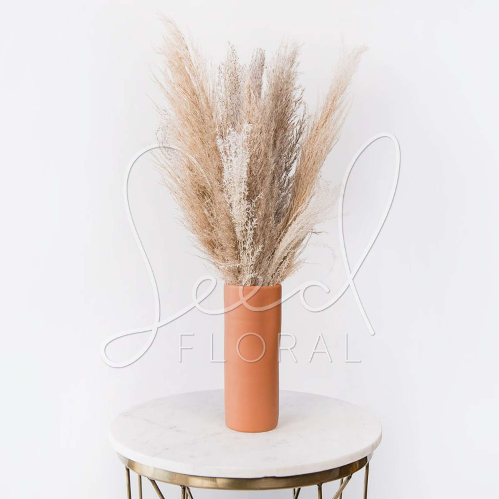 Tall dried pampas grass in a terracotta vase on a round table