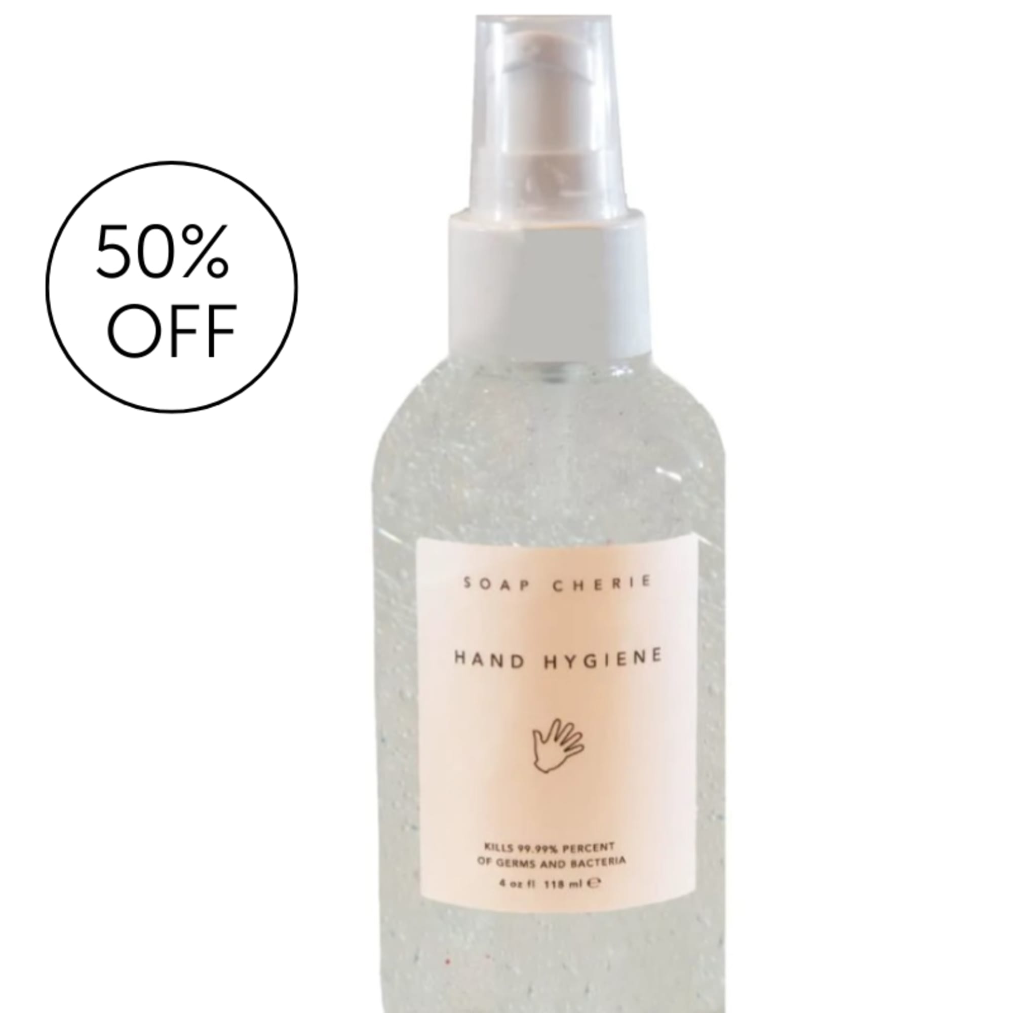Clear hand sanitizer bottle with a spray top and discount badge