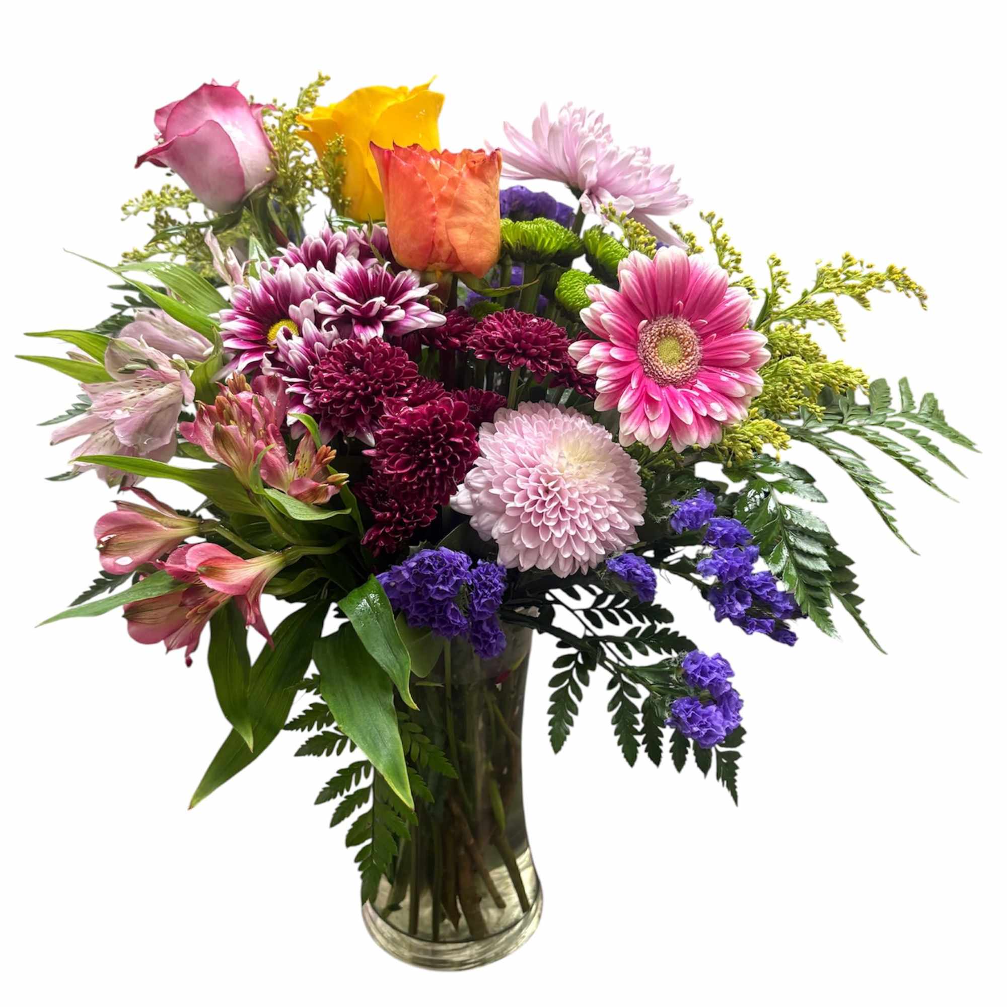 A lively medley of pink, purple, yellow and orange blooms makes this