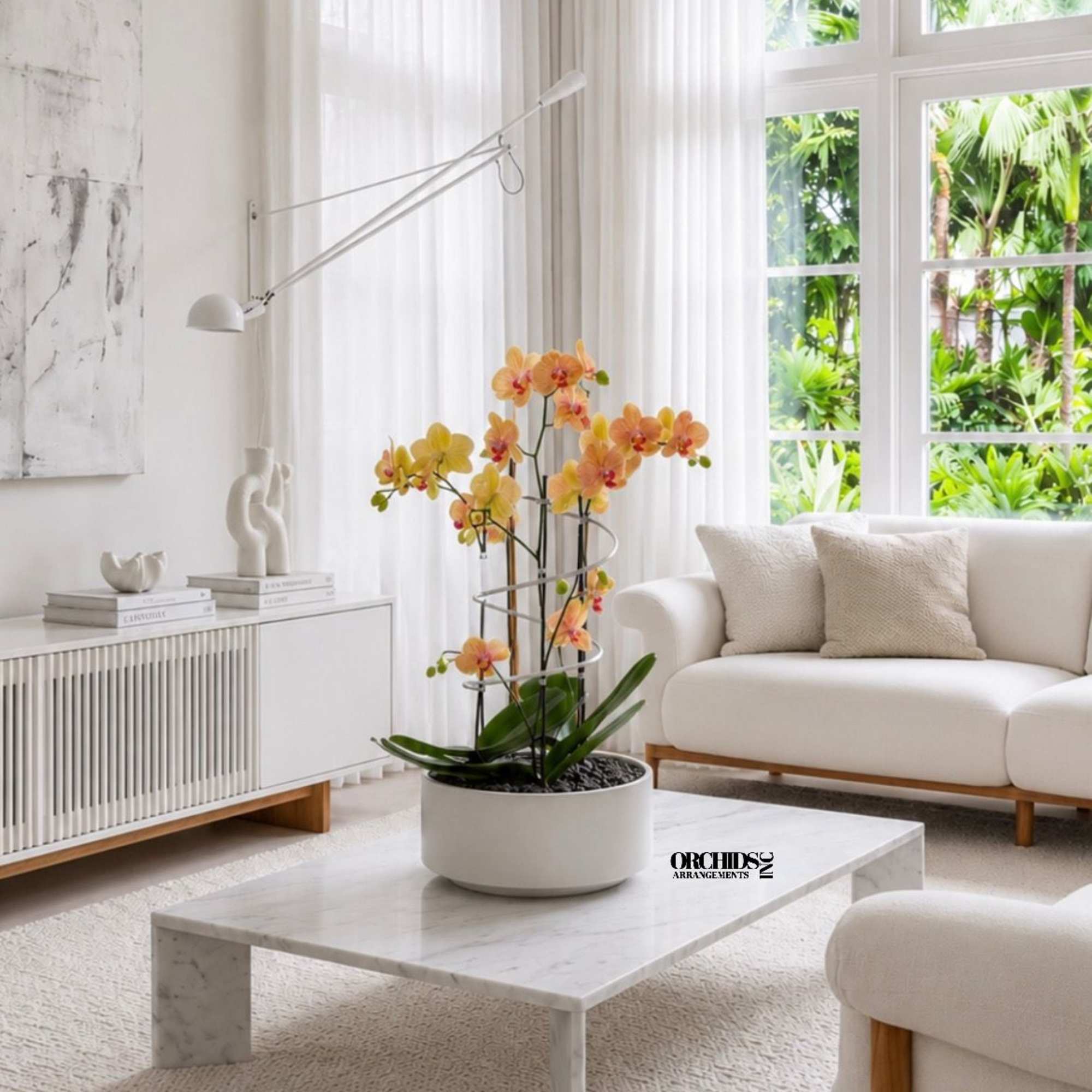 Triple Luxury Peach Phalaenopsis orchid Arrangement designed for gifting with a White, photo 2 of 3