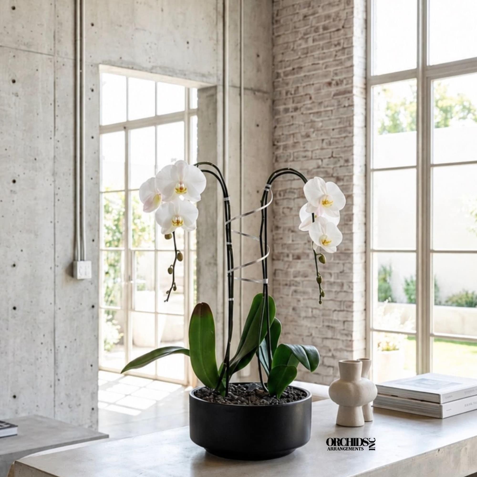 Double Luxury White Phalaenopsis orchid Arrangement designed for gifting with a Black