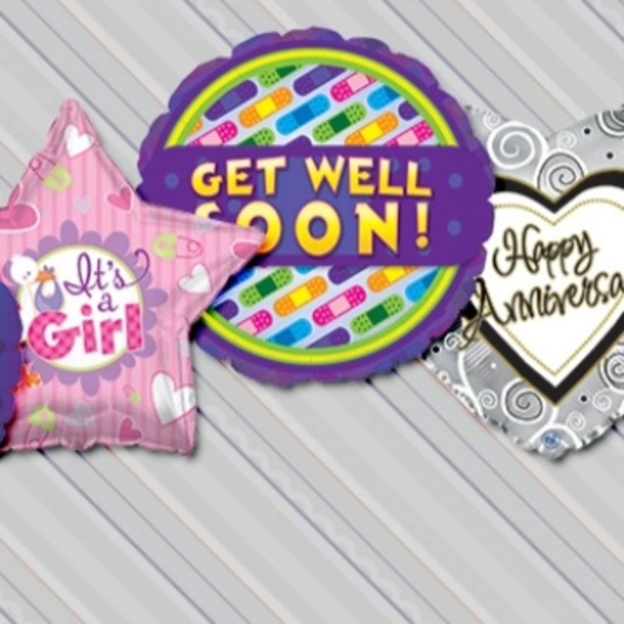 Assorted foil balloons with birthday, get well, anniversary, love, and thank you messages
