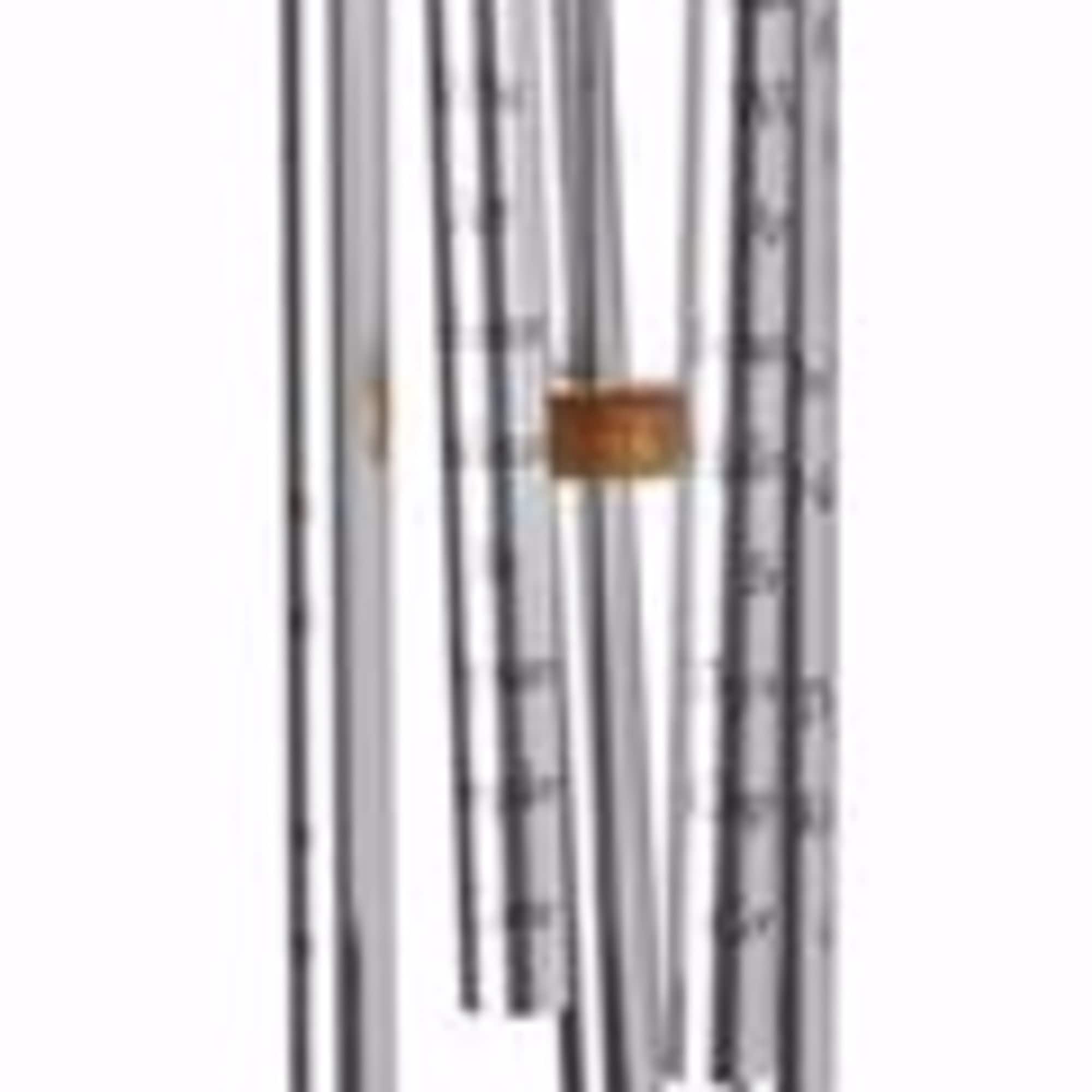 Hanging wind chime with metal tubes and a wooden prayer plaque