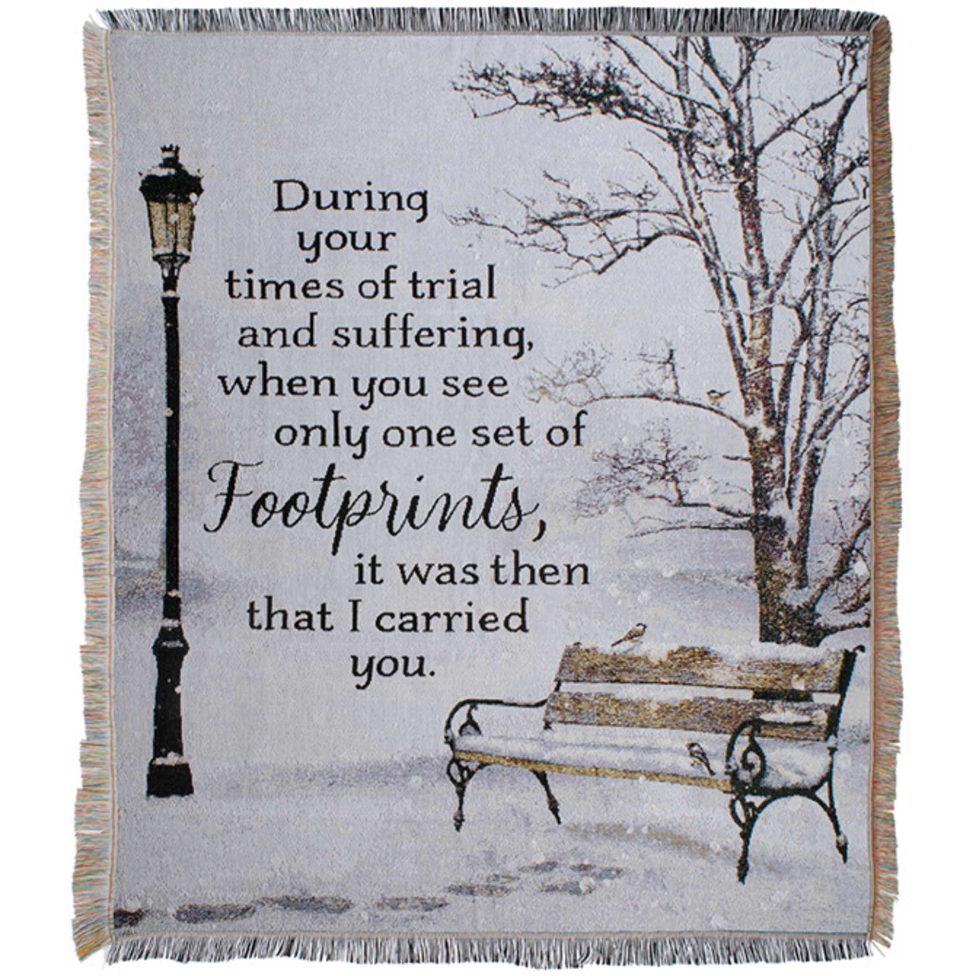 Winter scene blanket with a quote, lamppost, bench, and bare tree