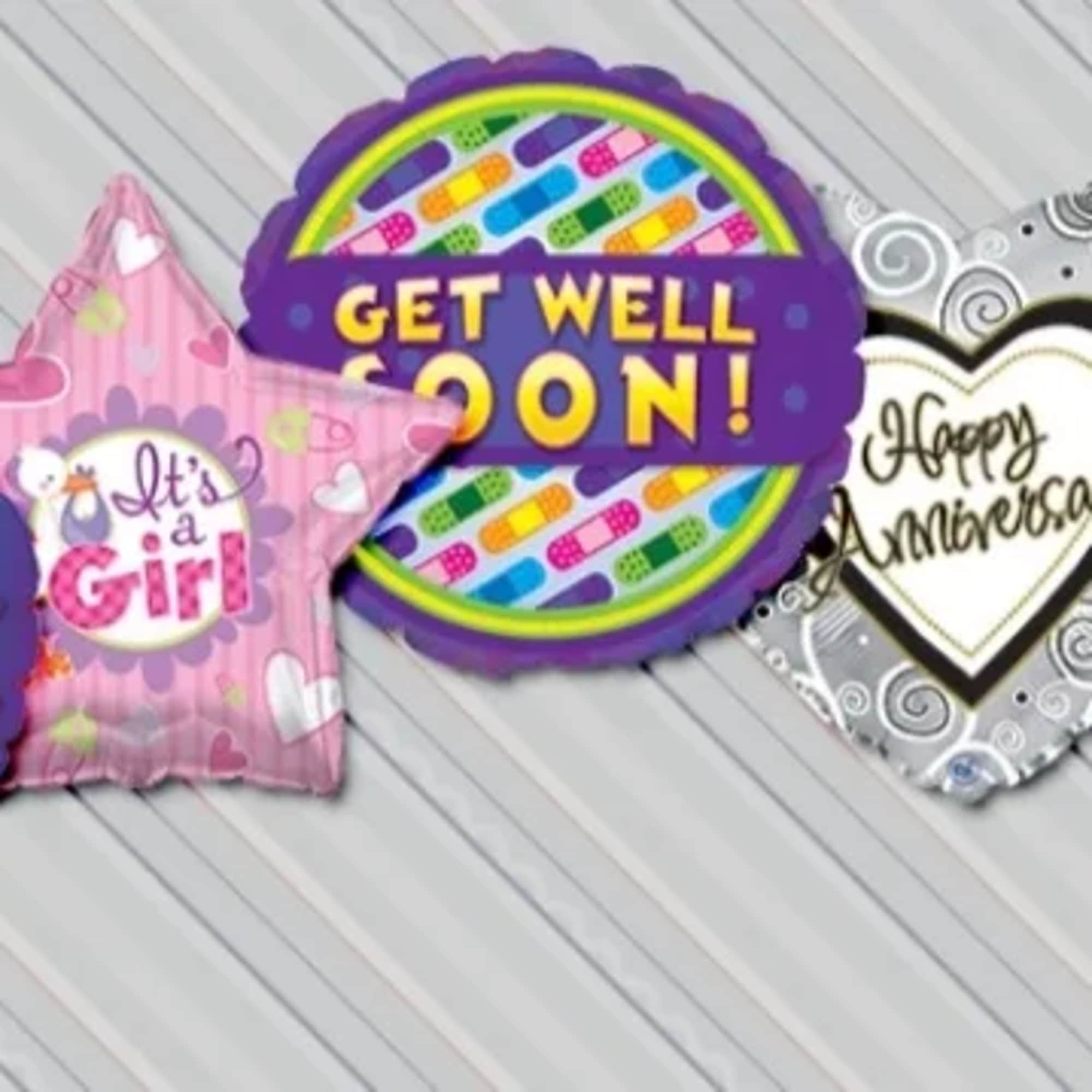 Assorted colorful foil balloons with birthday, get well, anniversary, love, and thank you messages