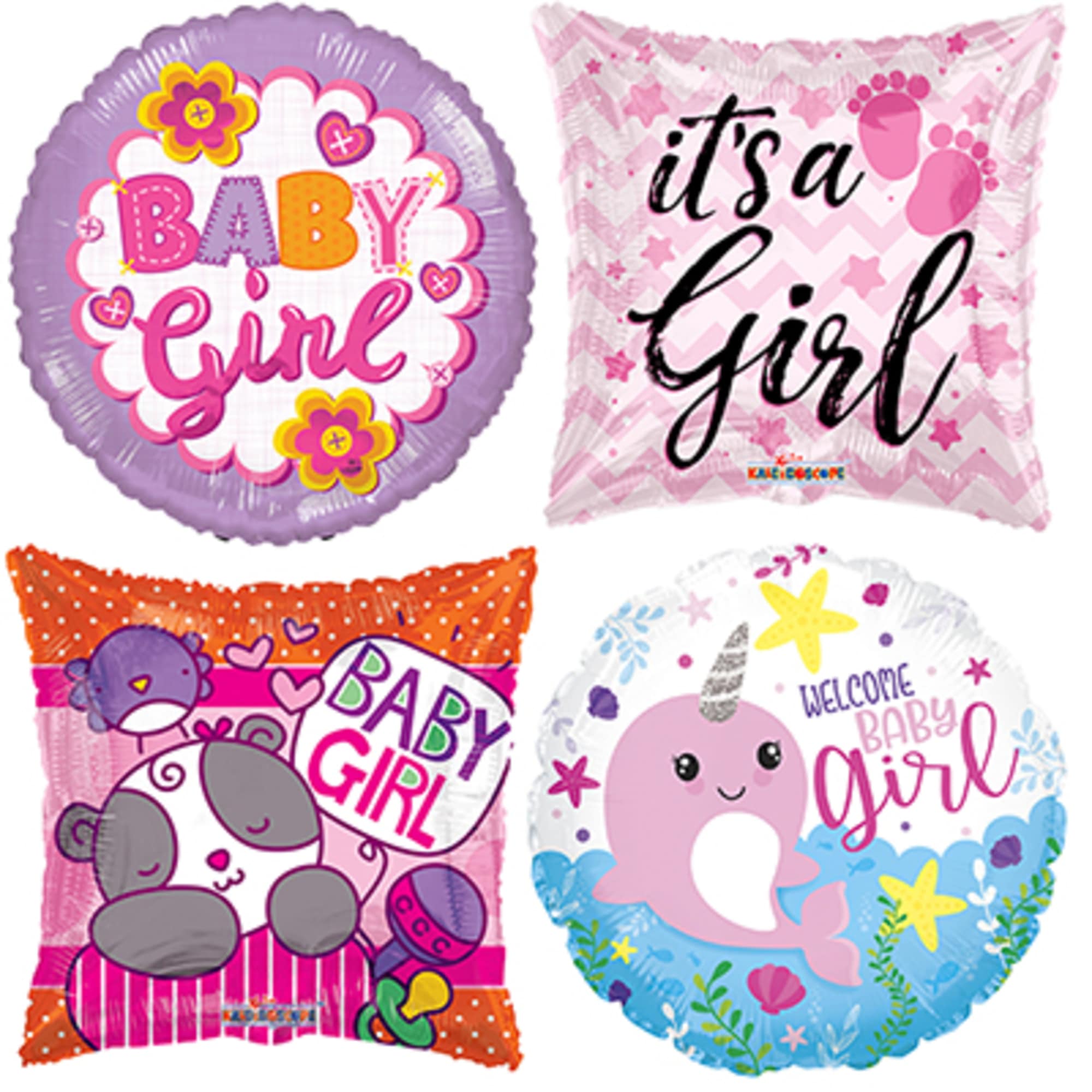 Four baby-themed foil balloons with girl and baby shower designs