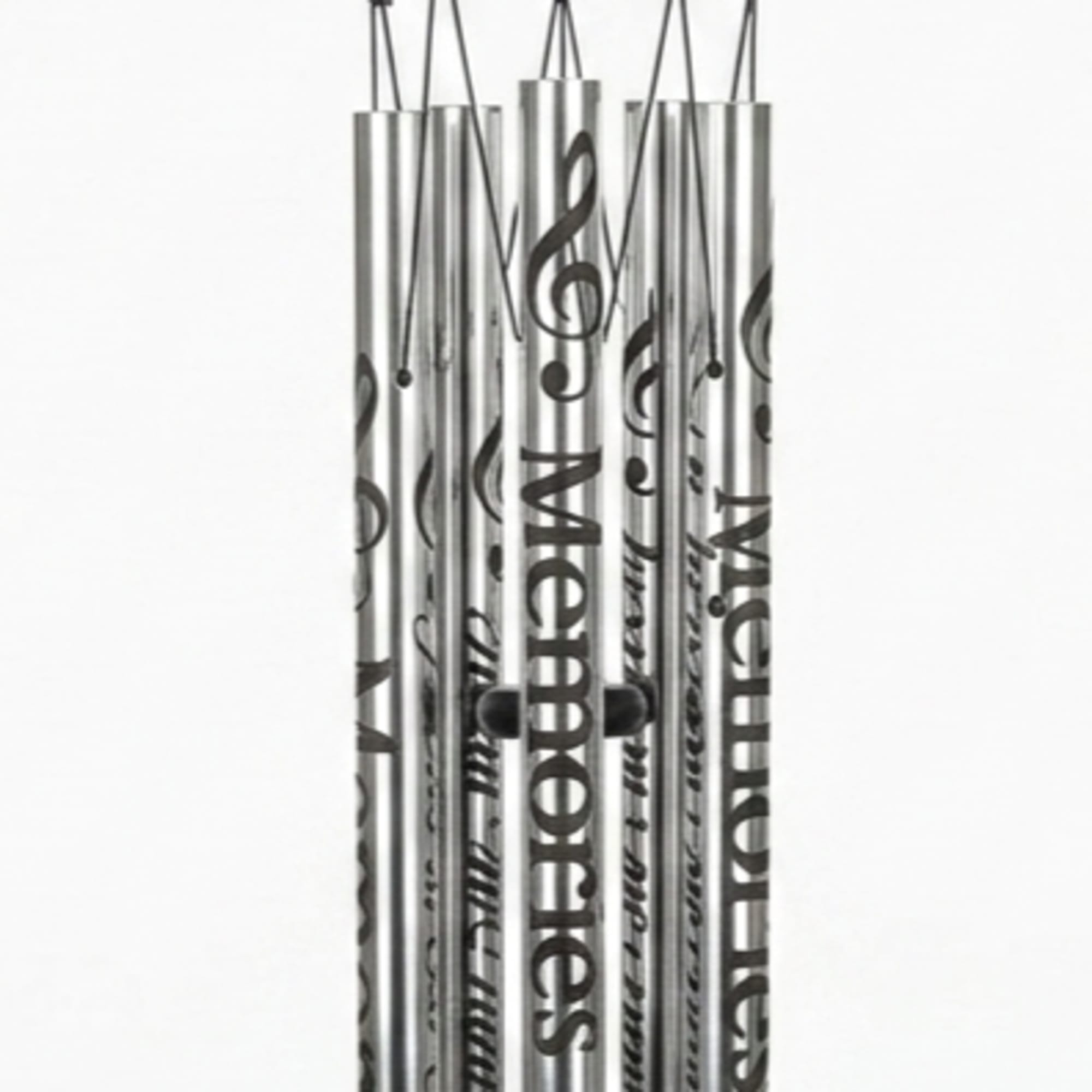 A lyrical stainless steel wind chime engraved with the words "Memories" and