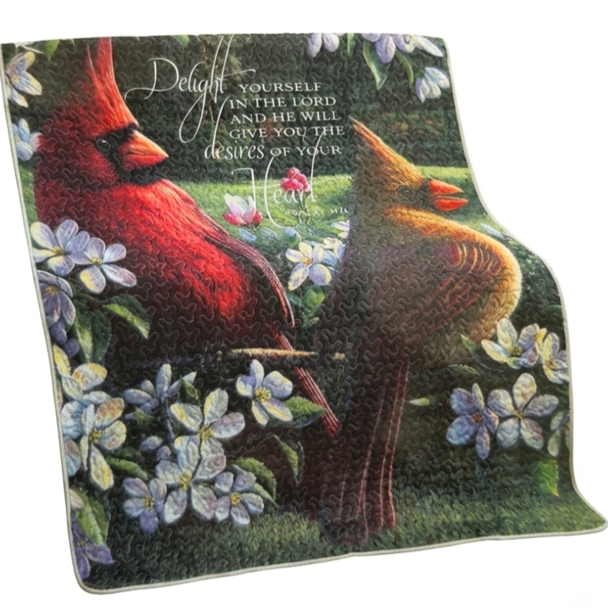 Richly detailed cardinals-brilliant red and warm brown-perch amid pastel garden blooms on