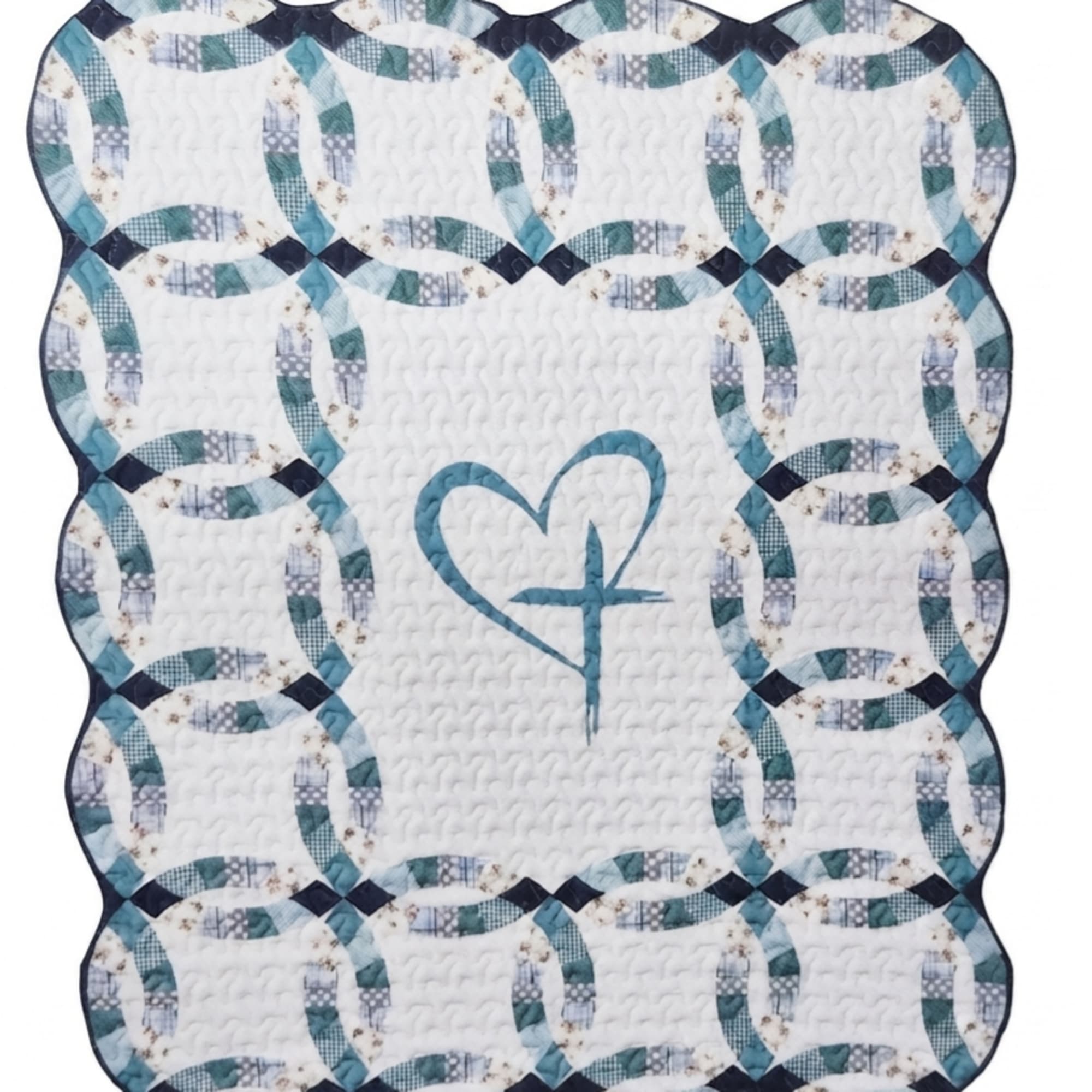 Quilted blanket with blue patchwork rings and a heart motif