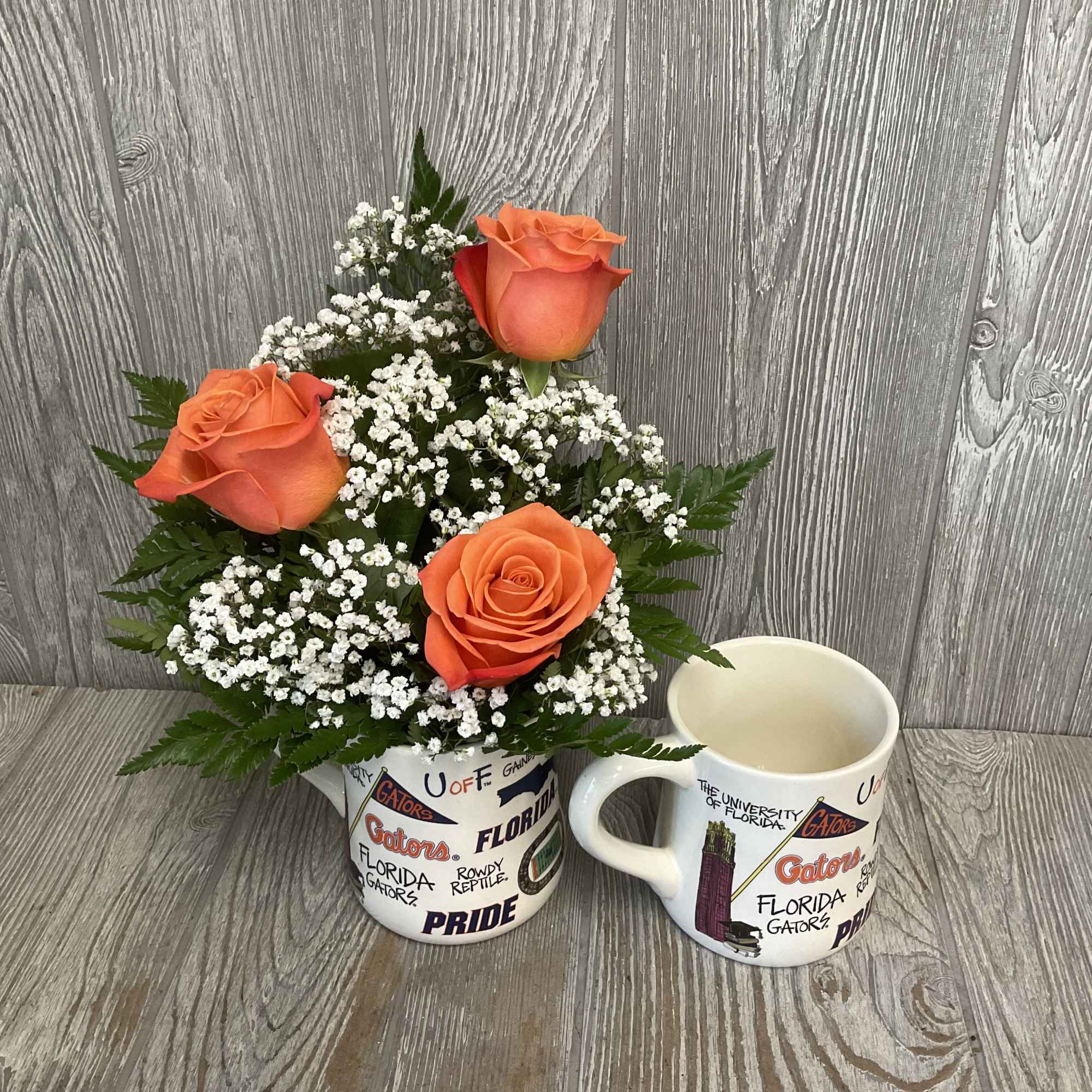 Orange roses arranged in a keepsake Gator mug! 