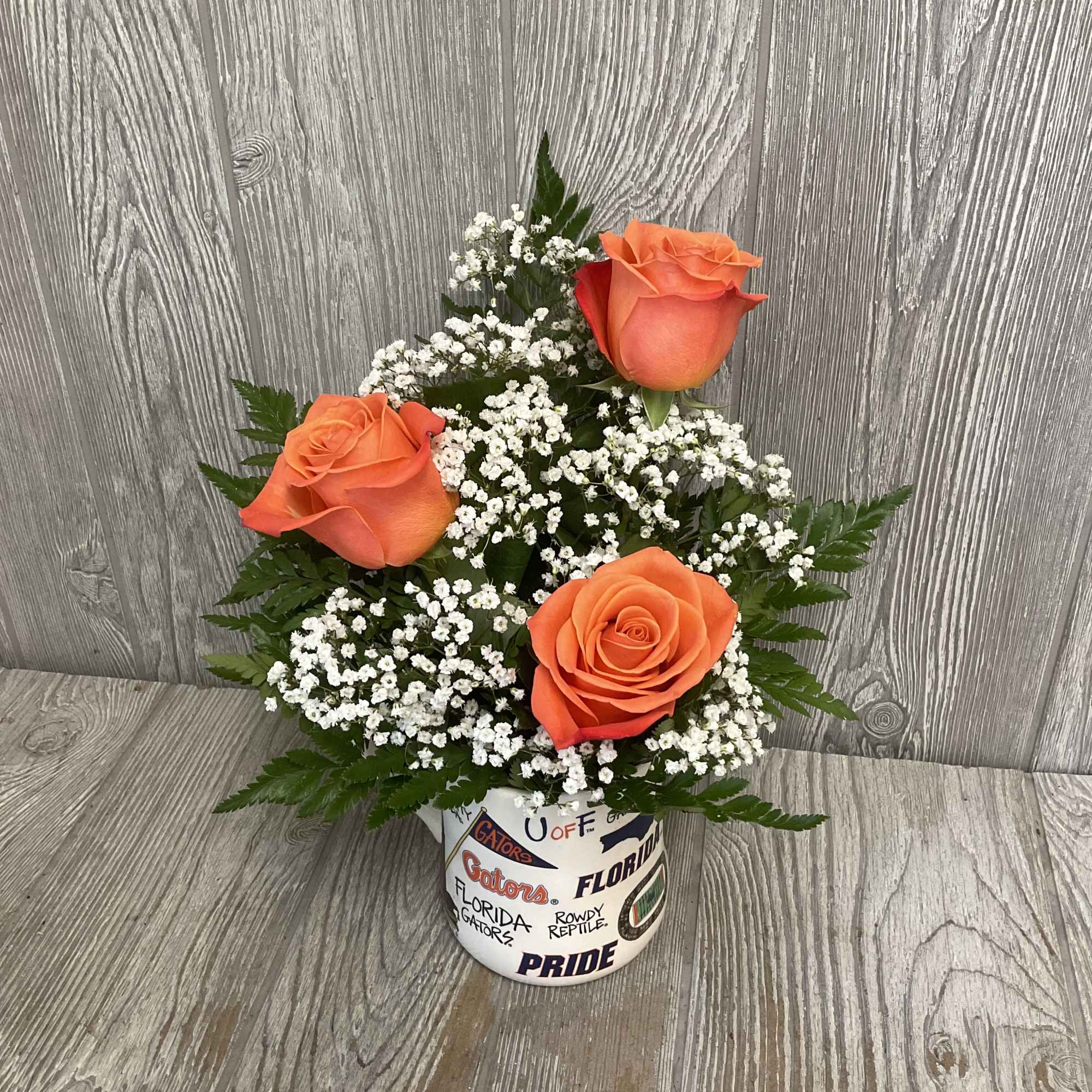 Orange roses arranged in a keepsake Gator mug! , photo 2 of 3