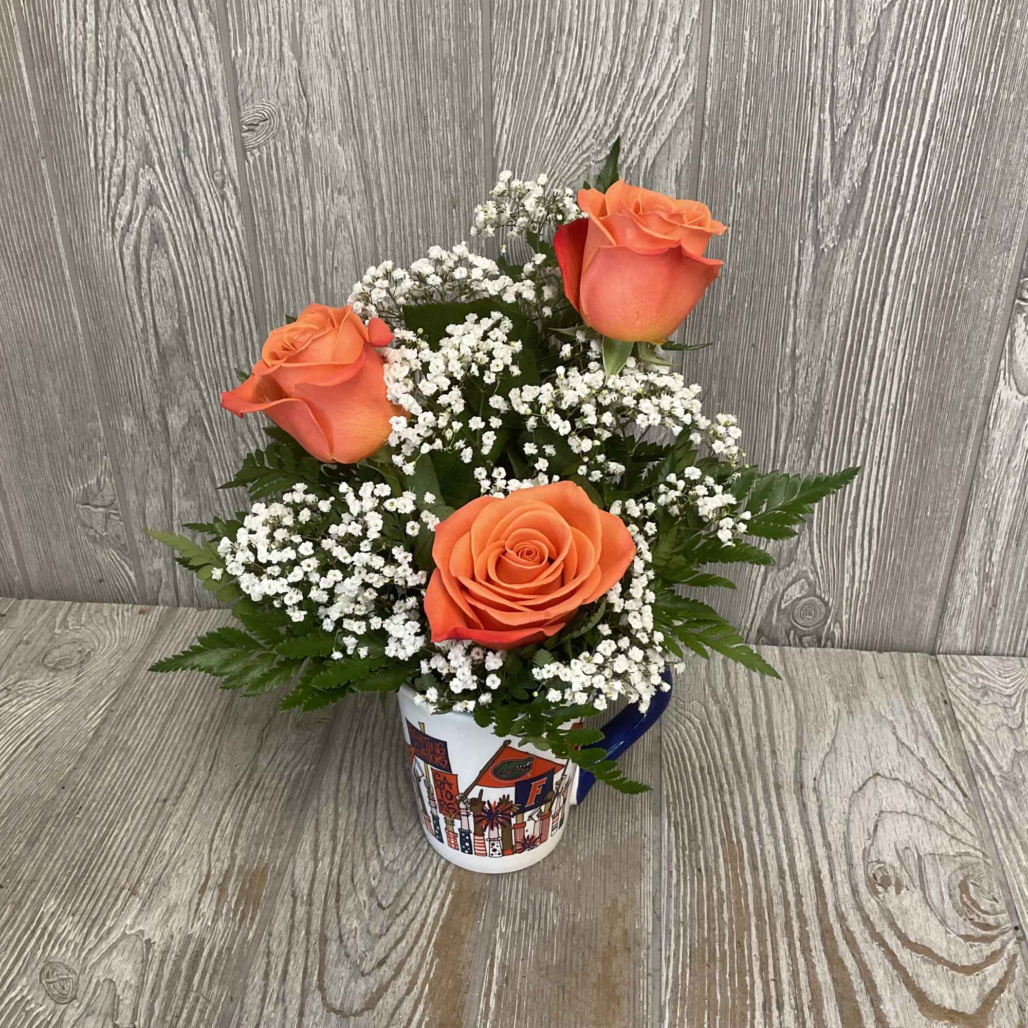 Orange roses arranged in a keepsake ceramic Gator mug!, photo 2 of 3