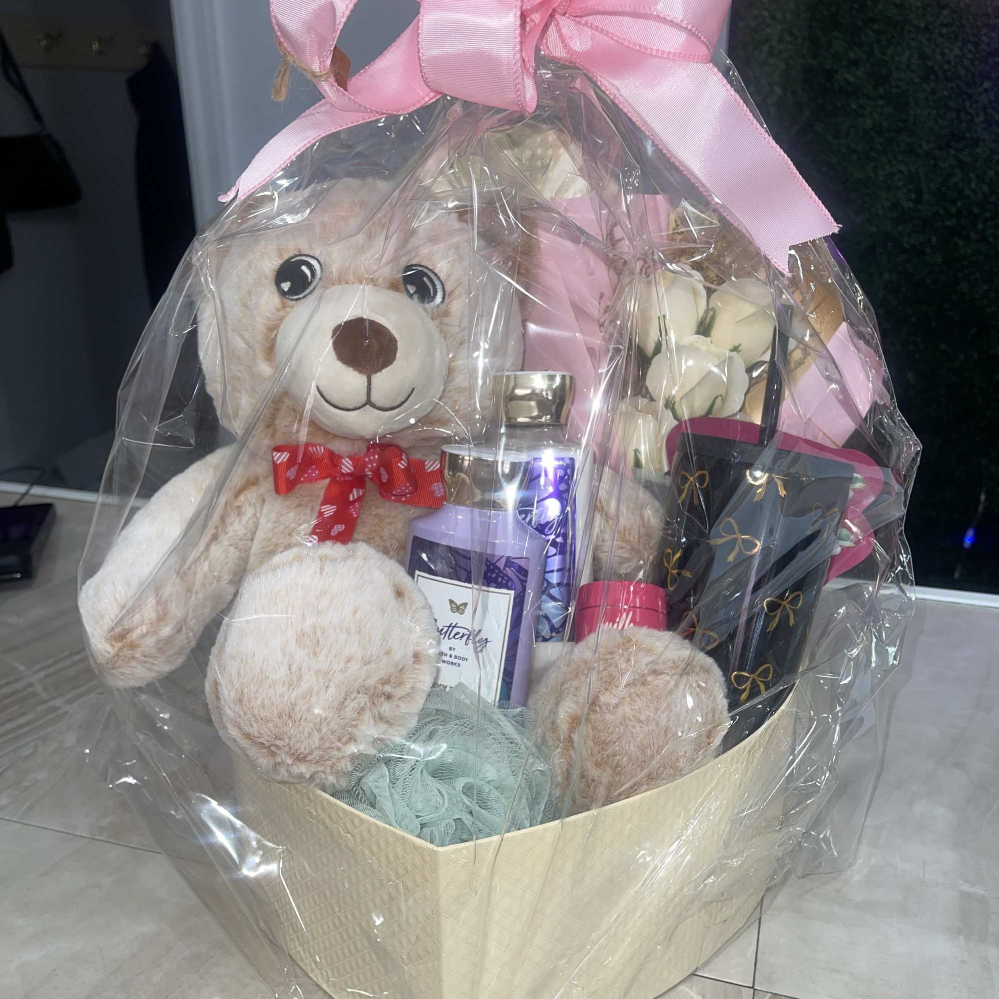 
Each basket arrives filled with assorted self-care and novelty items arranged in
