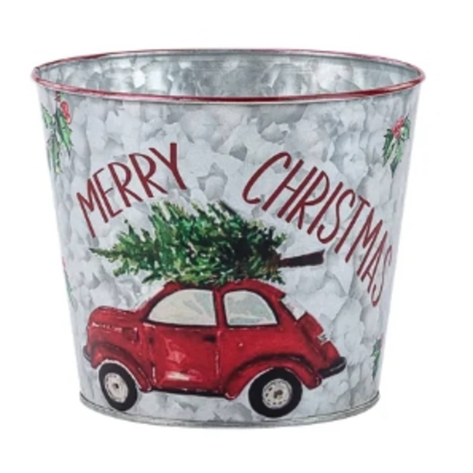 Metal Christmas planter with a red car and tree graphic
