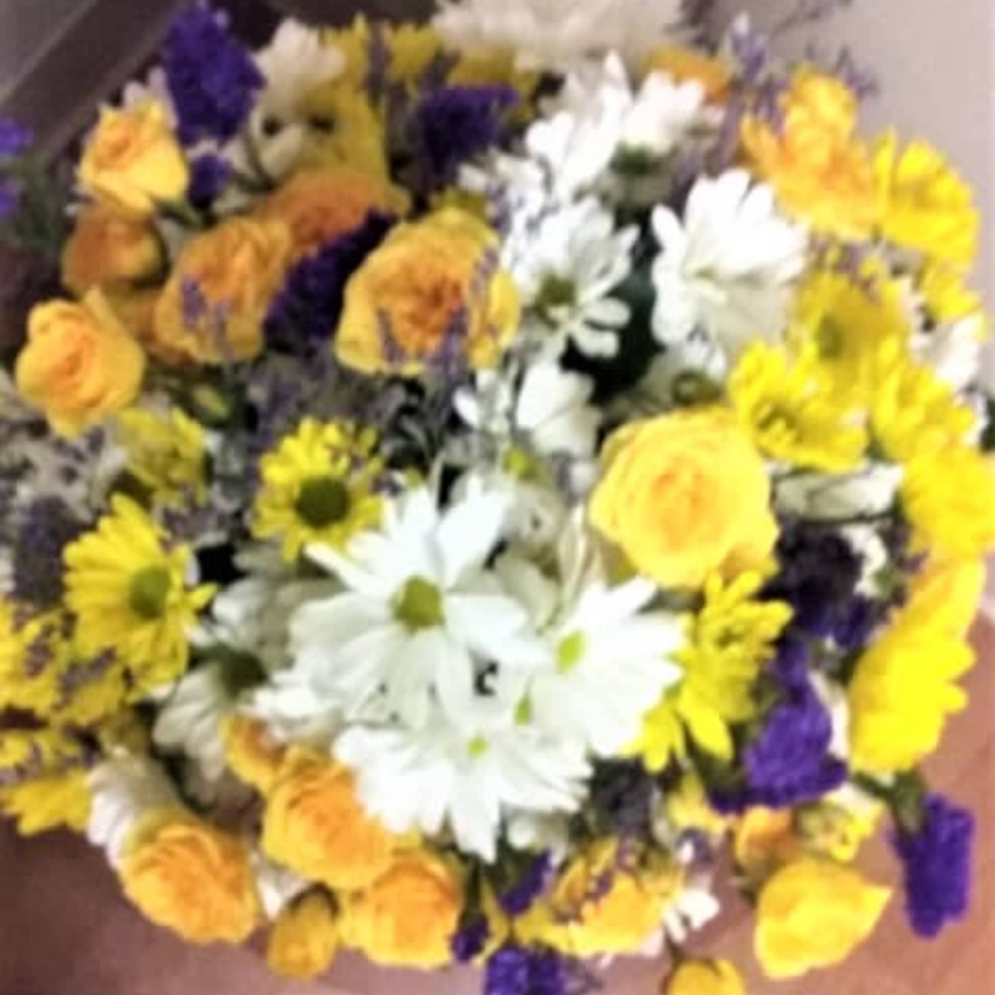 Surprise someone with daisies galore, miniature roses and purple statice for the, photo 2 of 2