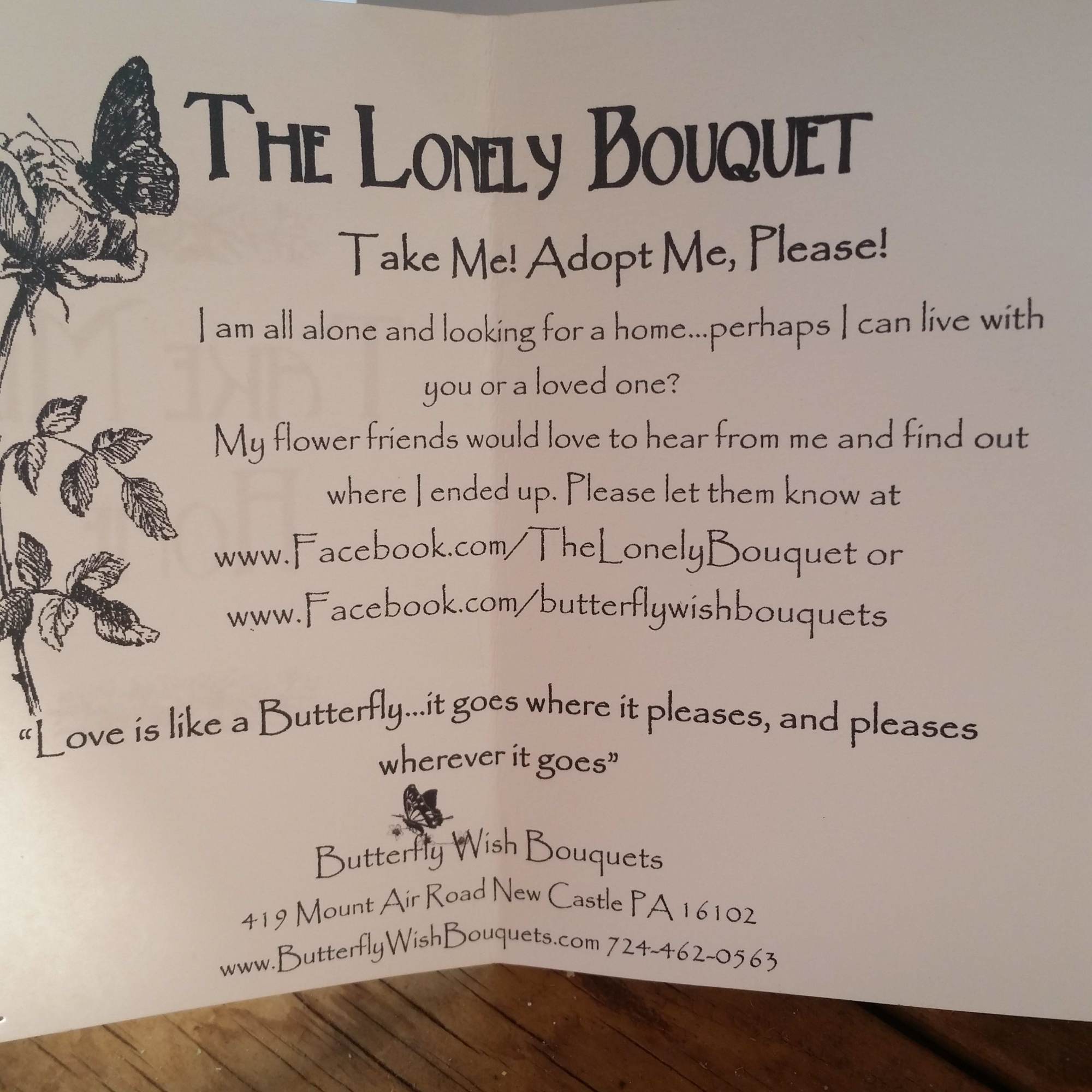 Printed card for "The Lonely Bouquet" with butterfly and floral illustrations