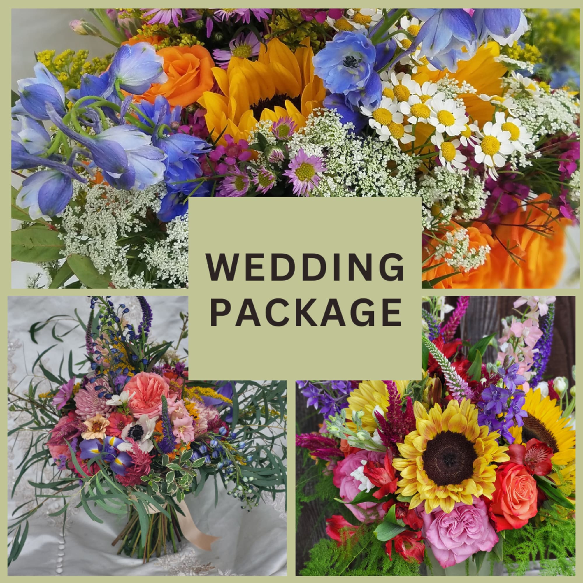 Collage of colorful wedding bouquets and arrangements with a "WEDDING PACKAGE" label.