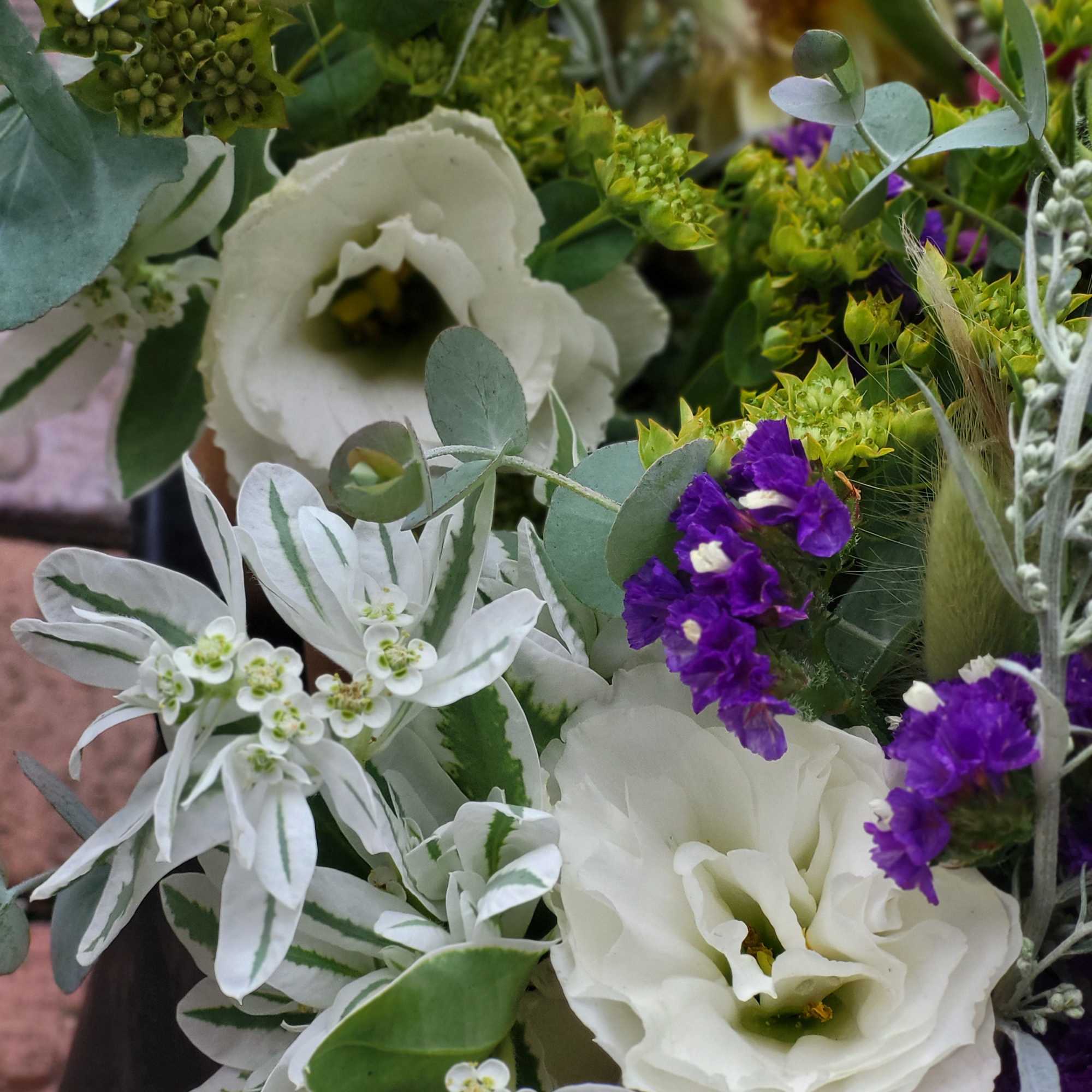 Bouquet of white blooms with purple accents and pale green foliage