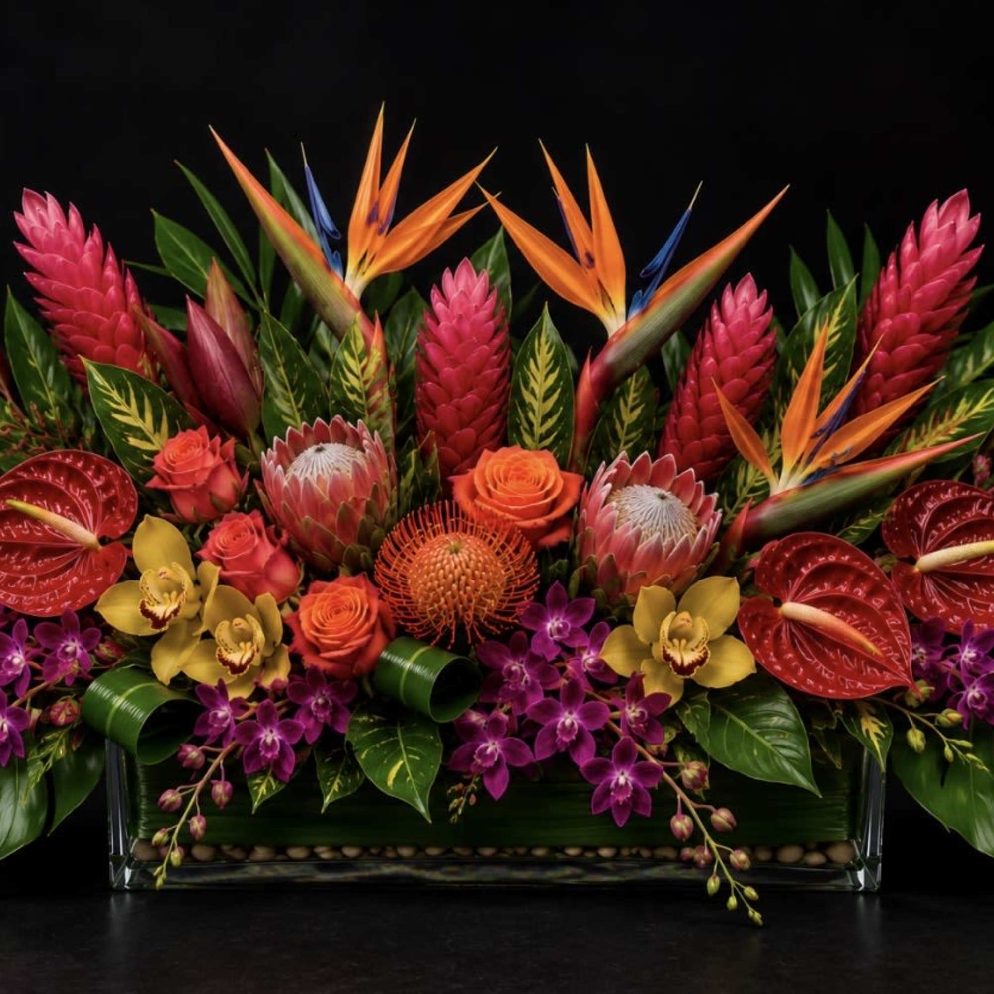 A dramatic, low rectangular centerpiece bursting with tropical color-ideal as a birthday