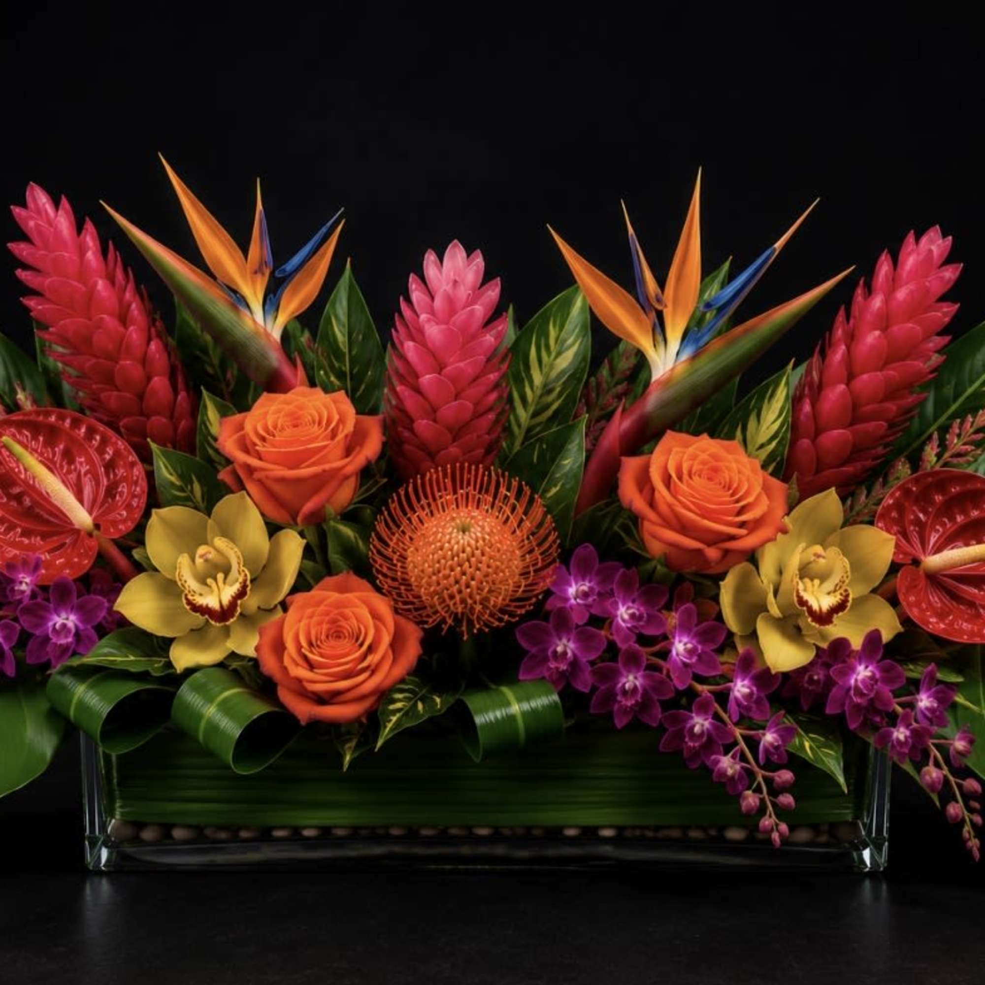 A dramatic, low rectangular centerpiece bursting with tropical color-ideal as a birthday