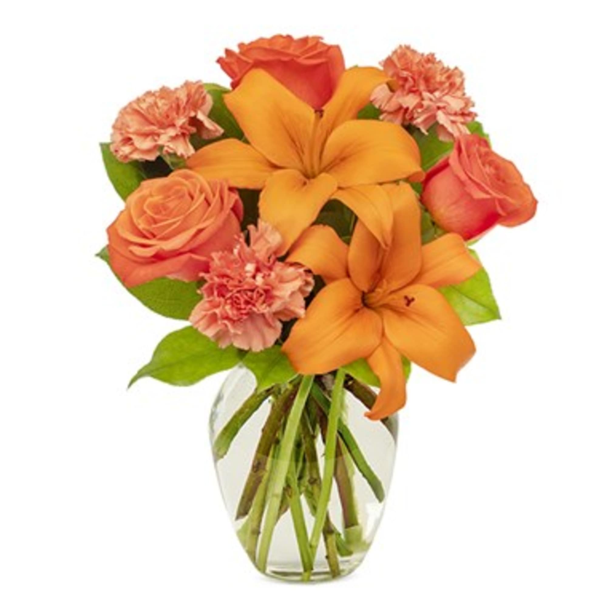 Orange lilies and roses with pink carnations in a glass vase