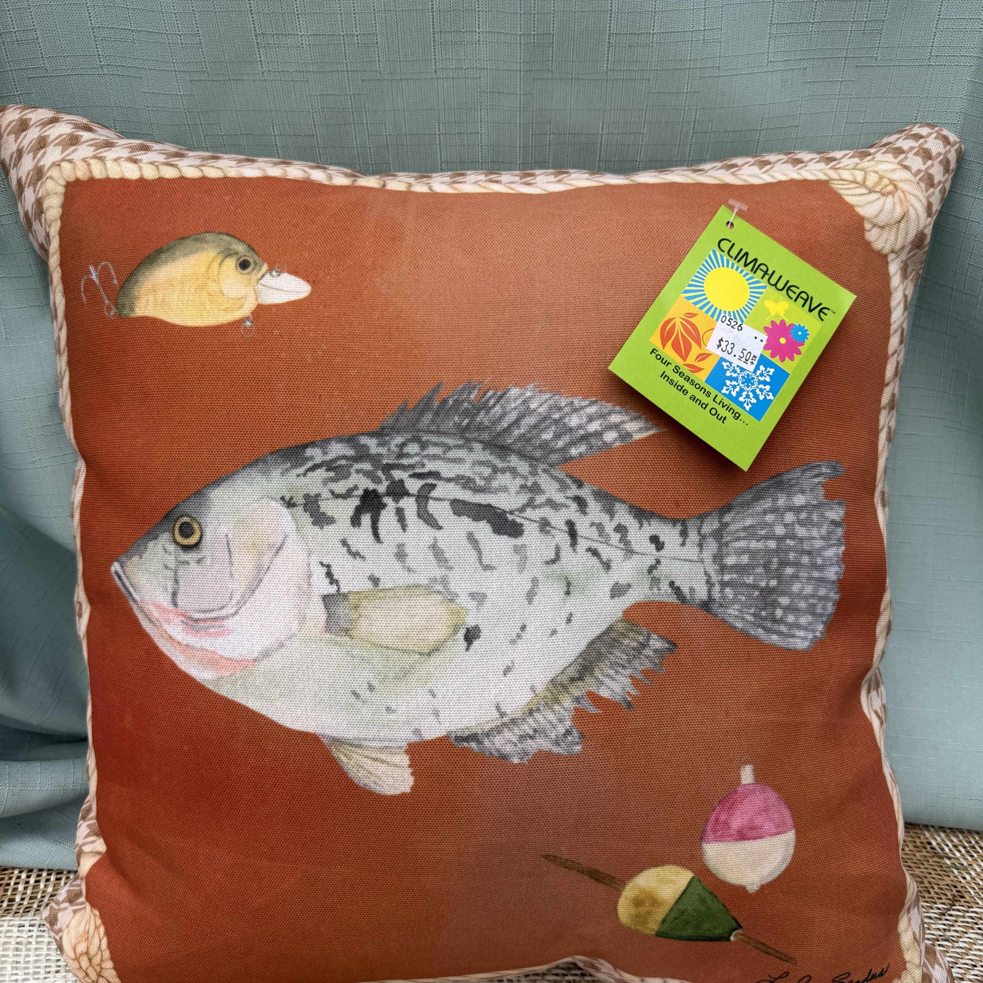 A charming pillow with different fish designs on either side., photo 2 of 2
