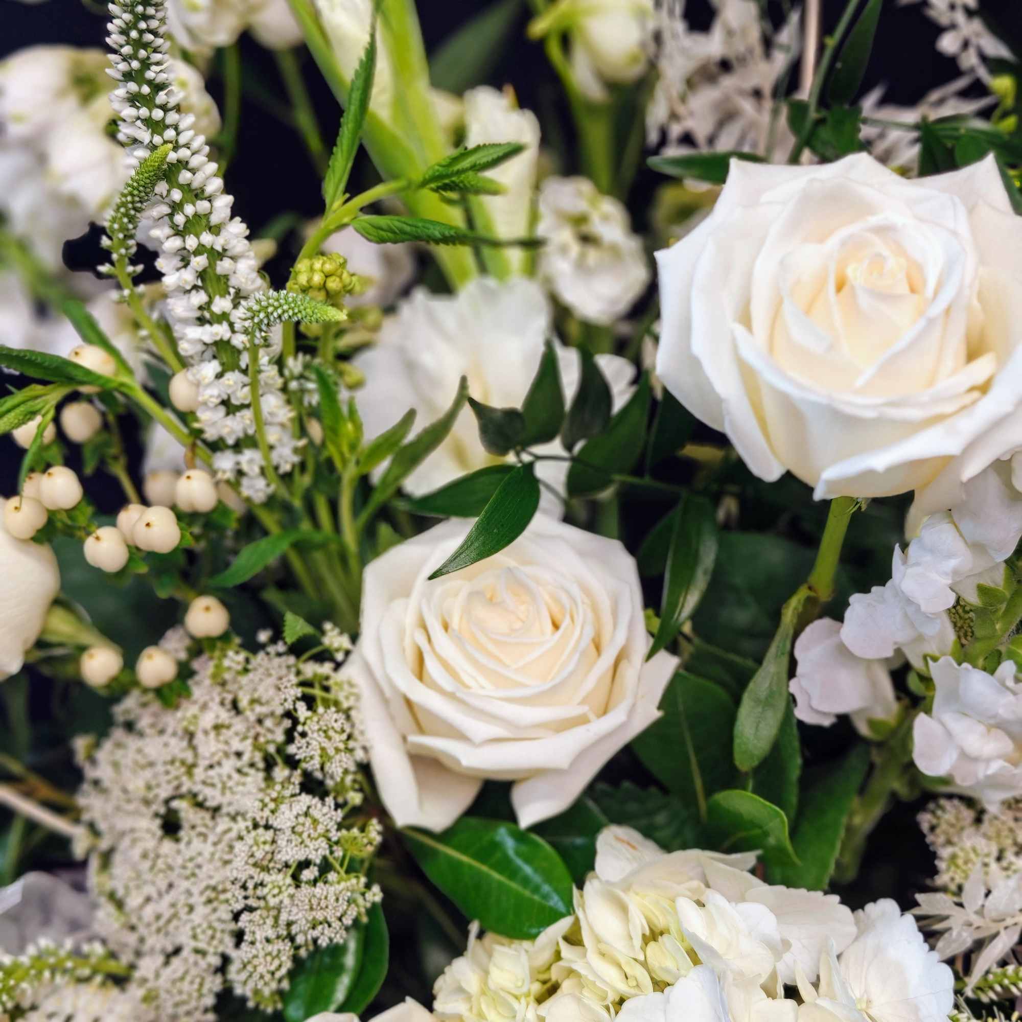 White roses and hydrangeas with small white filler flowers