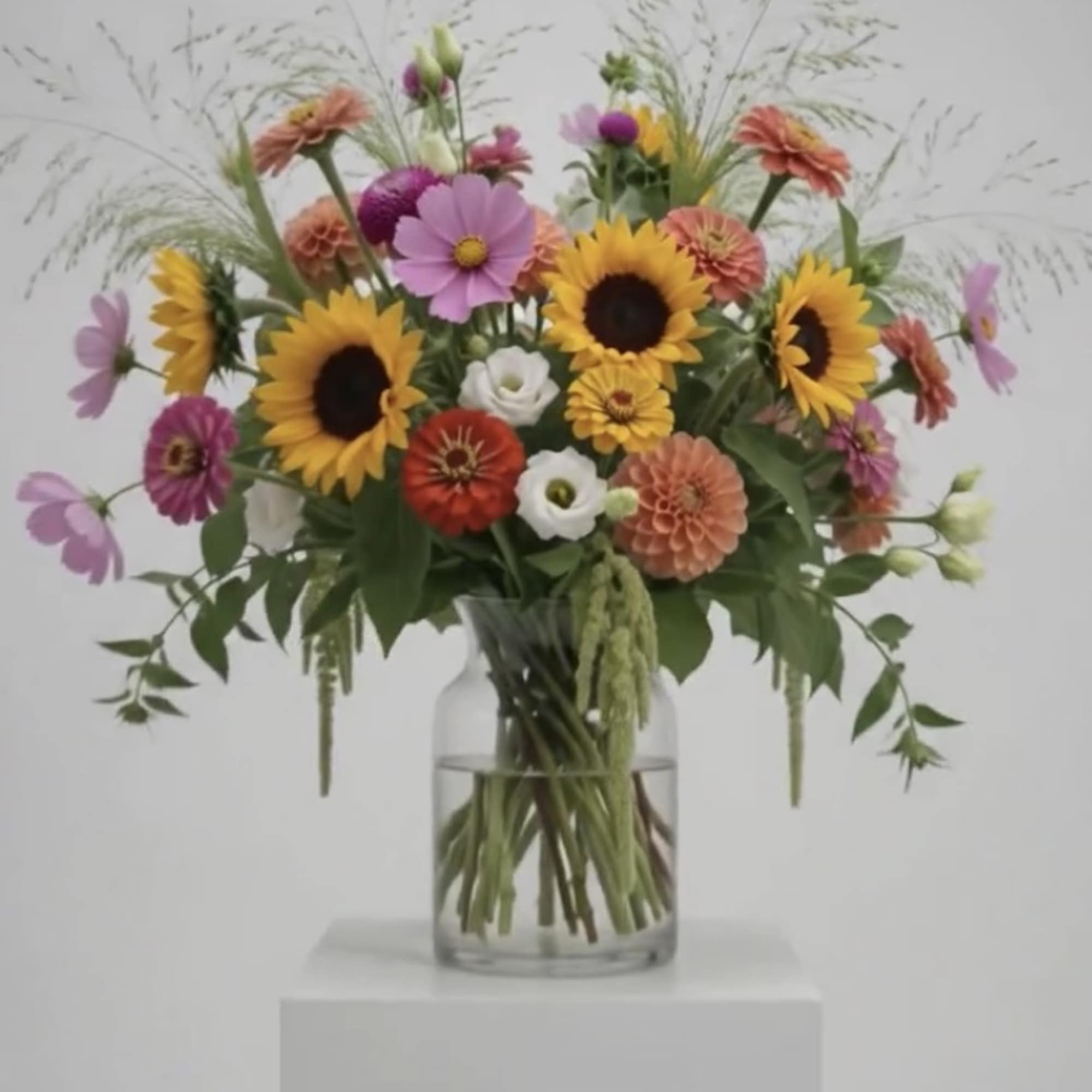 Mixed bouquet of sunflowers, daisies, and zinnias in a clear glass vase