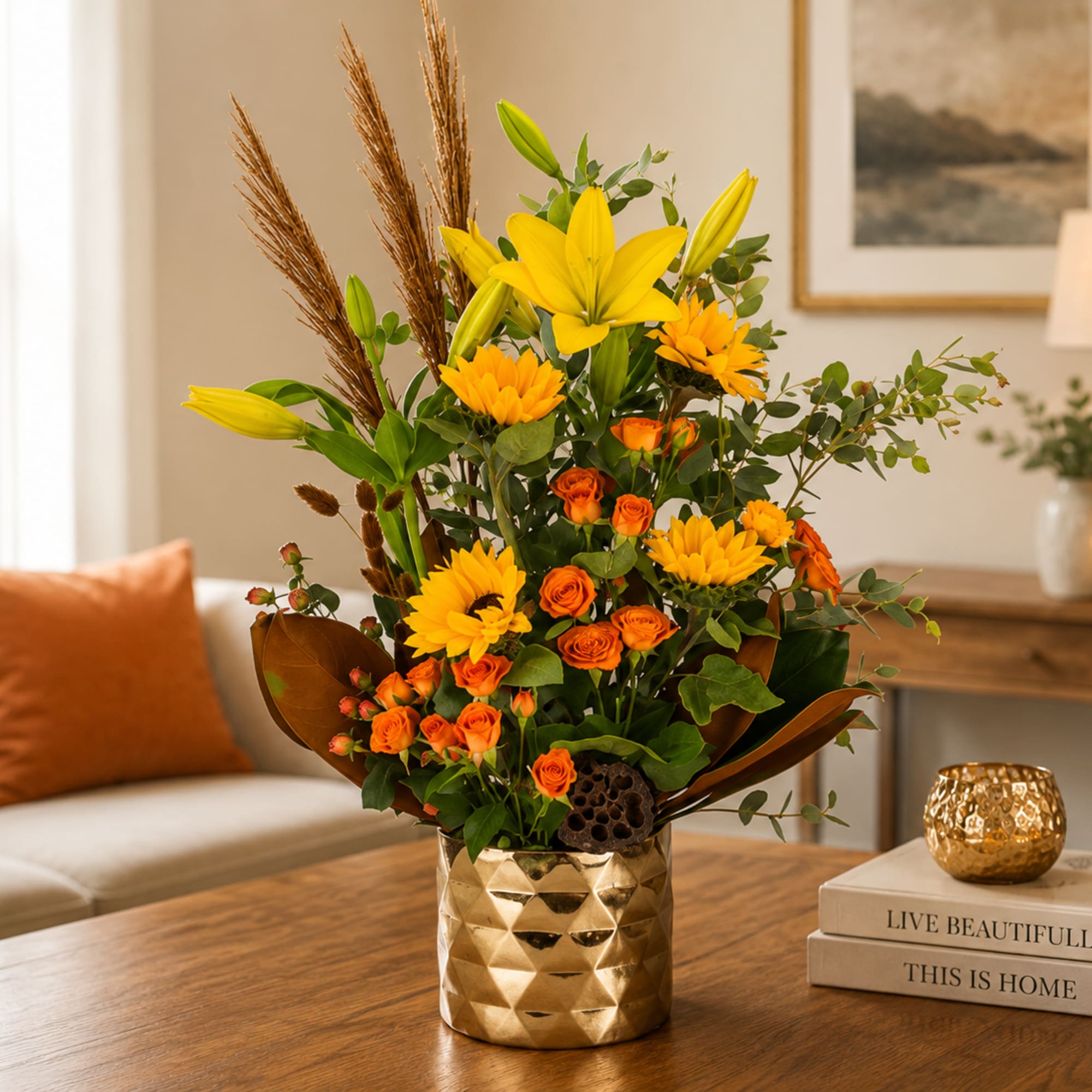 Sun-soaked lilies and bold sunflower-like blooms set the tone for this Golden
