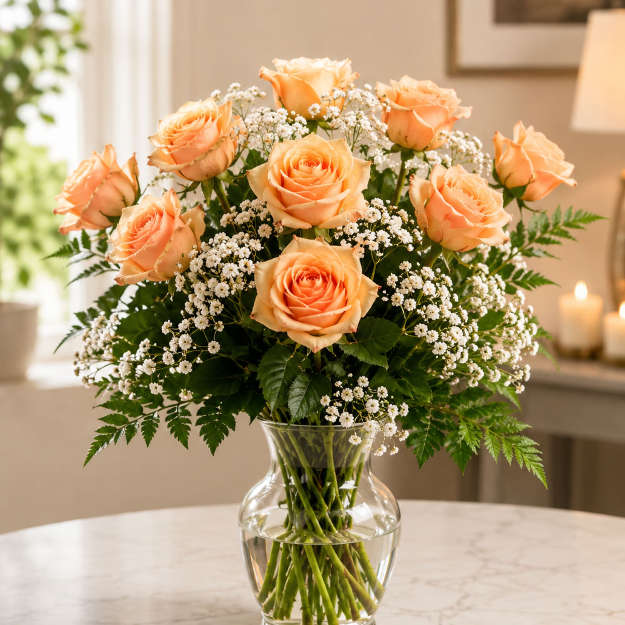 These pink roses are cheerful and fun! Dozen Long Stemmed PeachRoses is