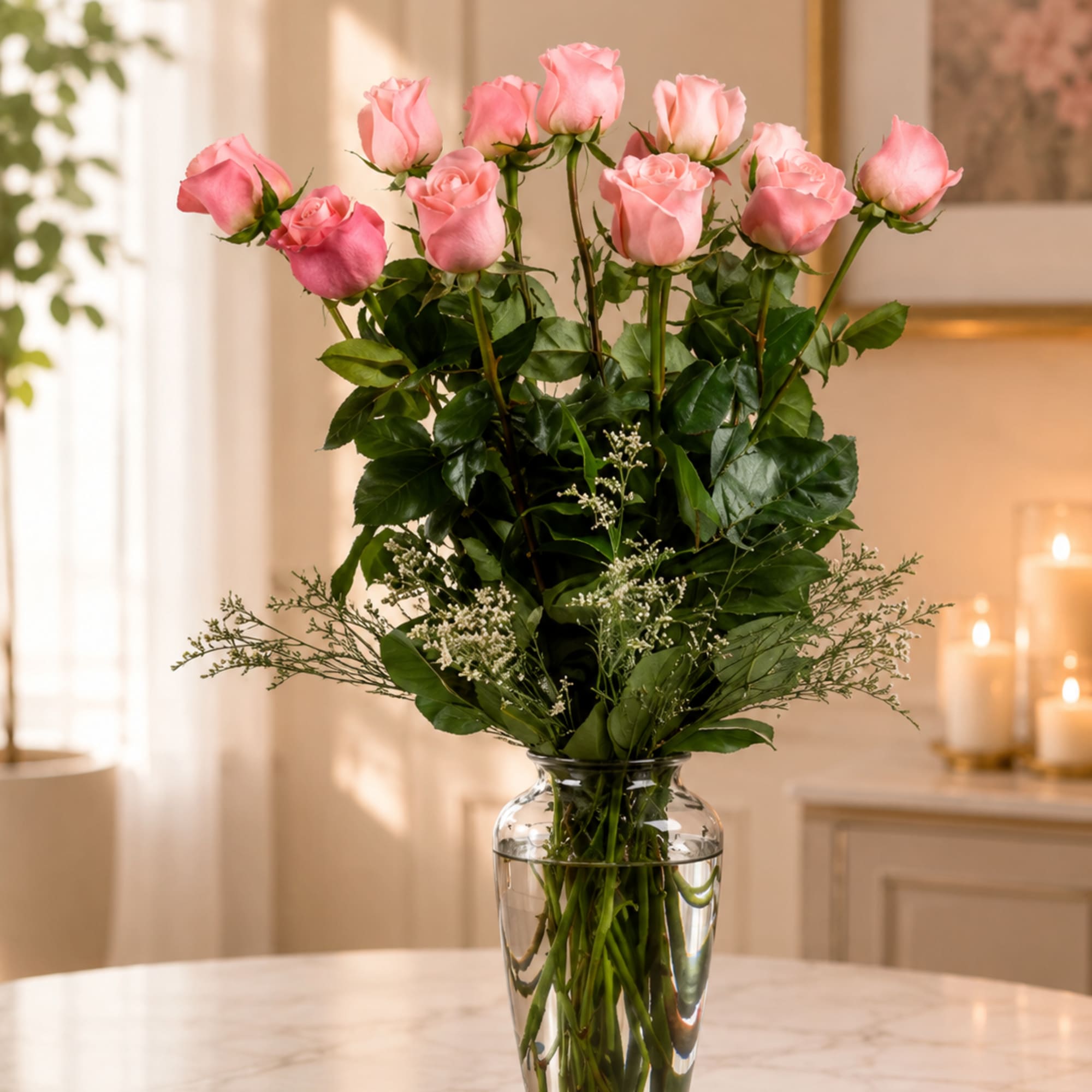 STANDARD DOES NOT INCLUDE VASE, BOUQUET ONLY
 
These pink roses are cheerful
