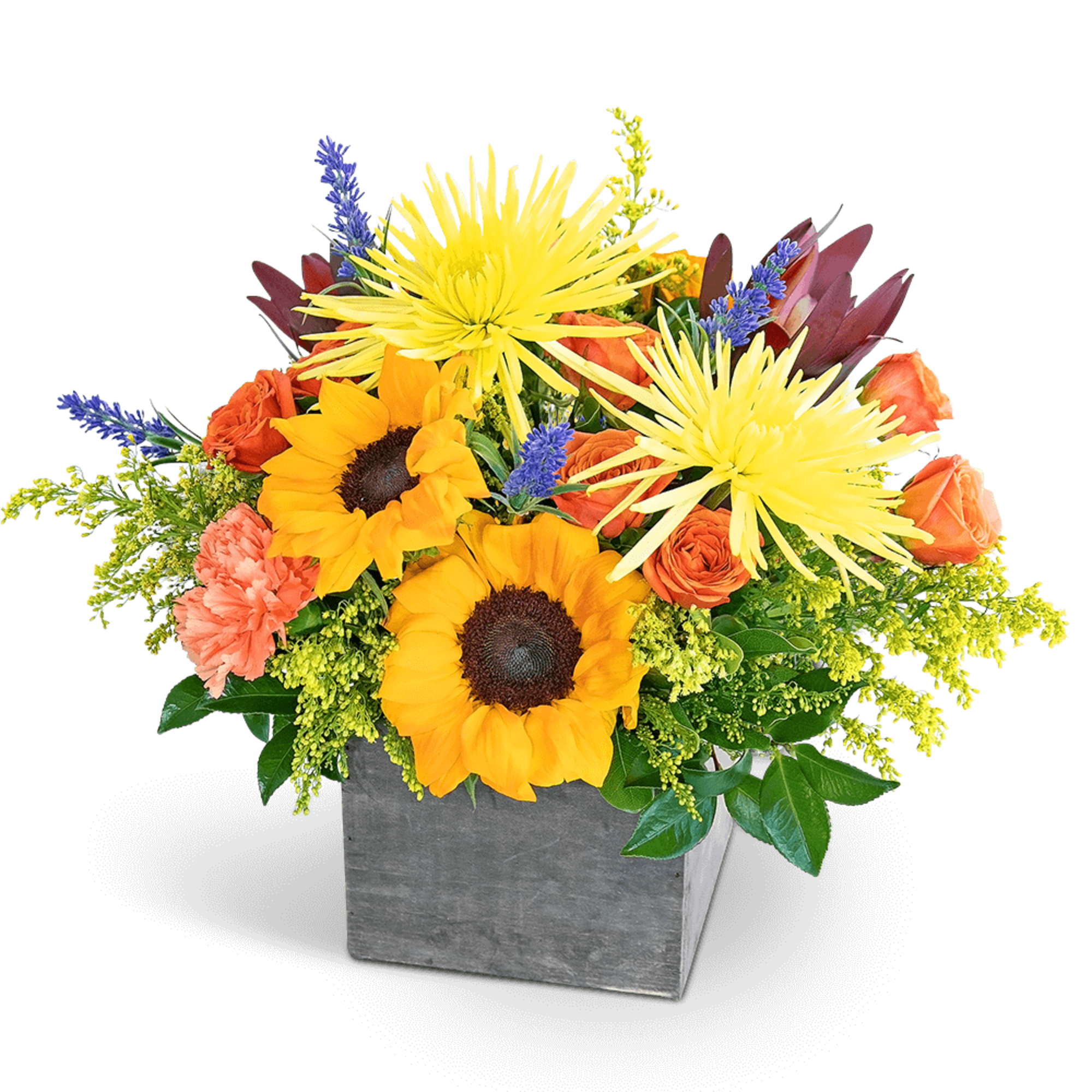 Bouquet with sunflowers, orange roses, and yellow blooms in a gray square vase