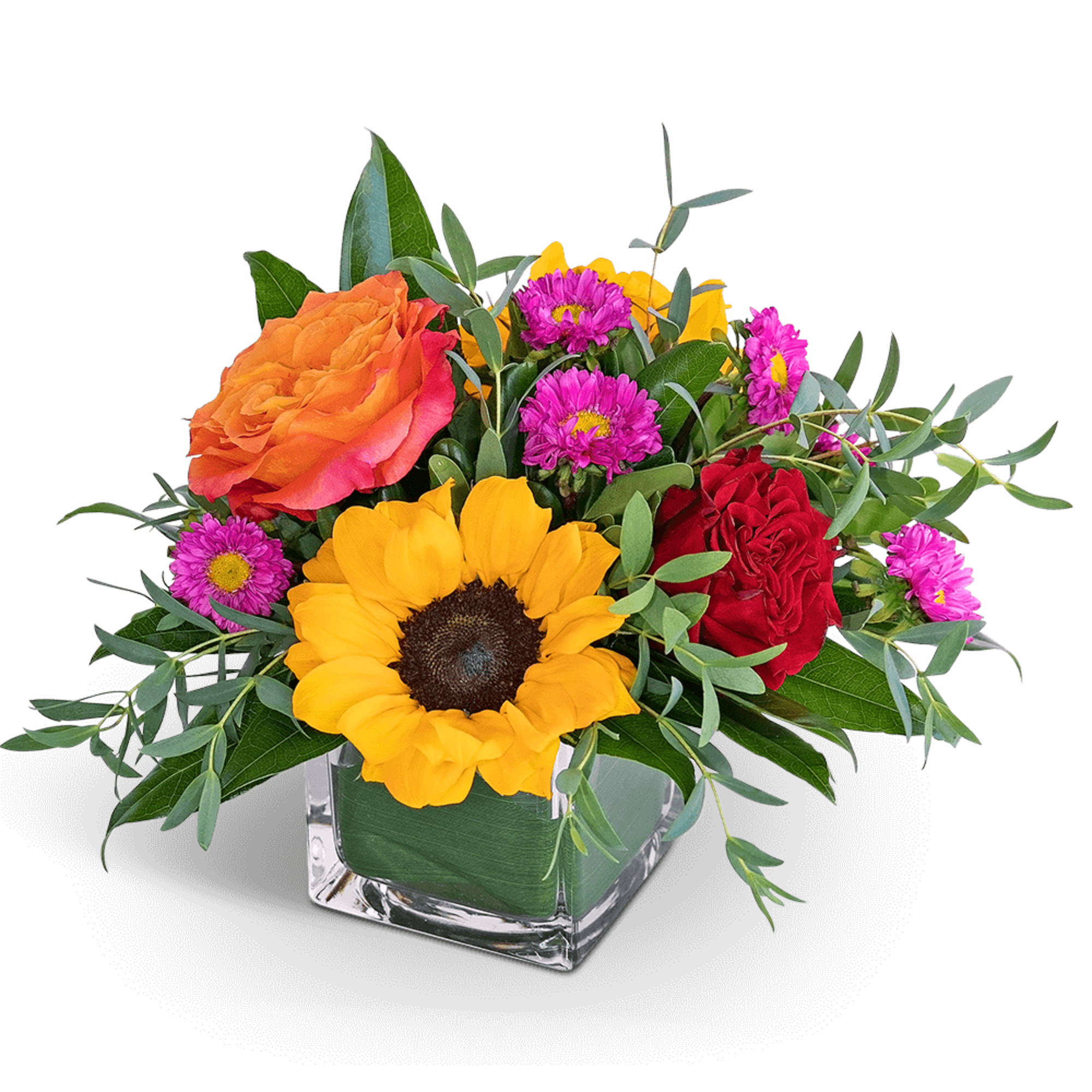 Sunflower and rose bouquet in a square glass vase