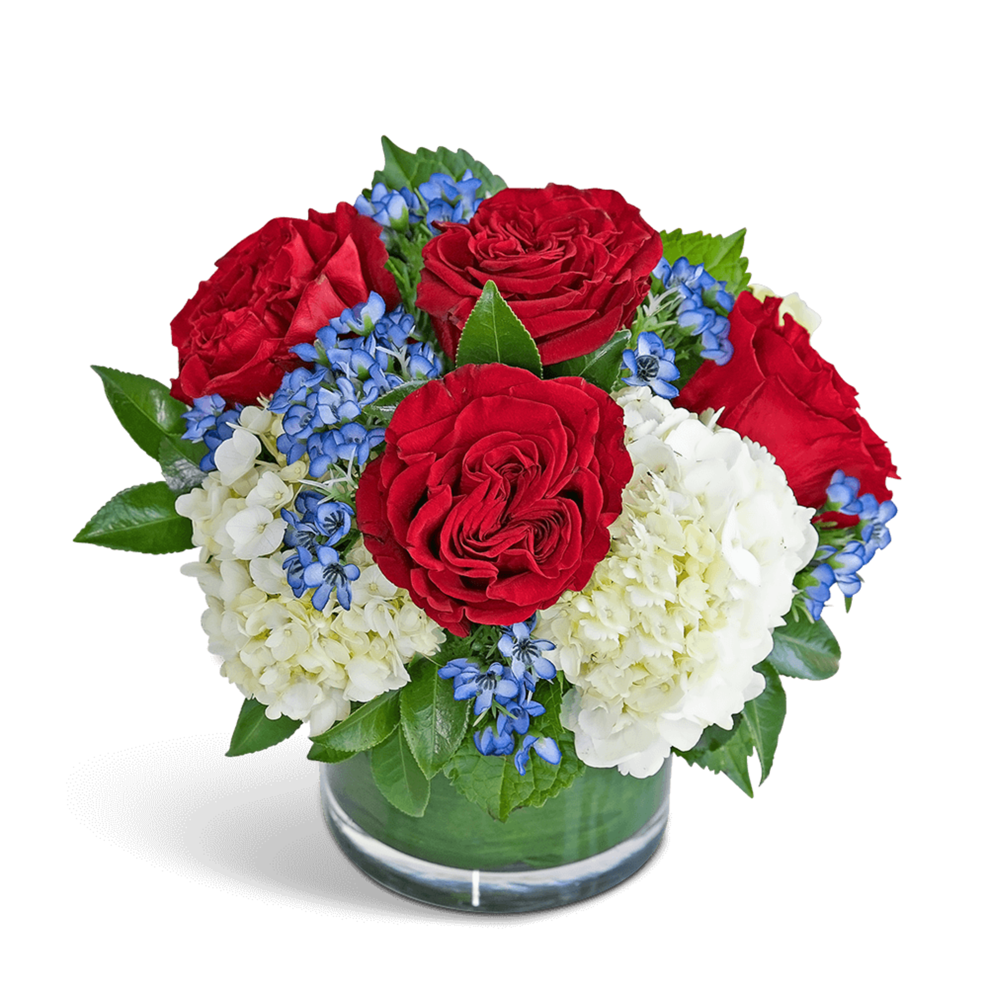 Red roses with white hydrangeas and blue flowers in a glass vase