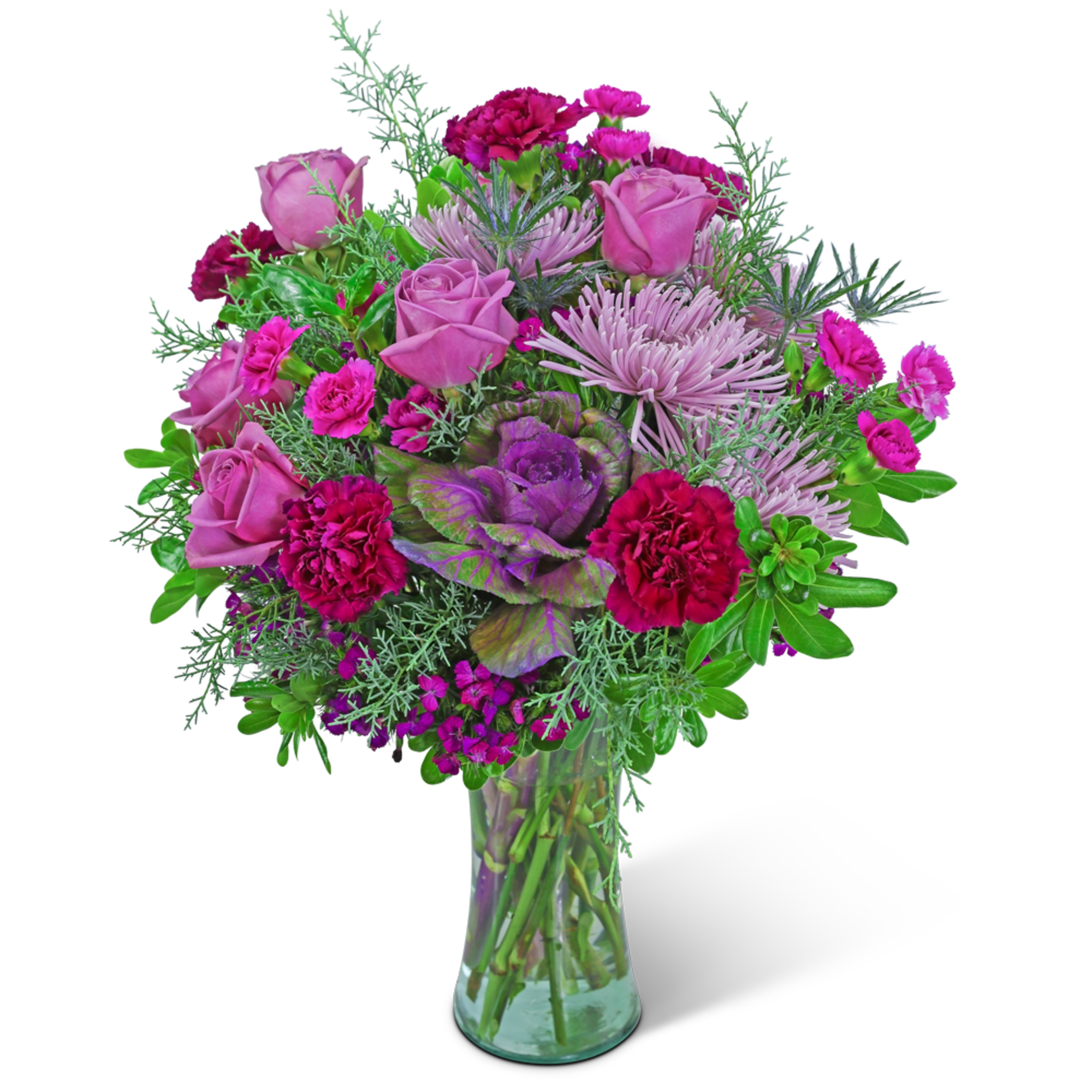 Pink and purple mixed bouquet in a clear glass vase