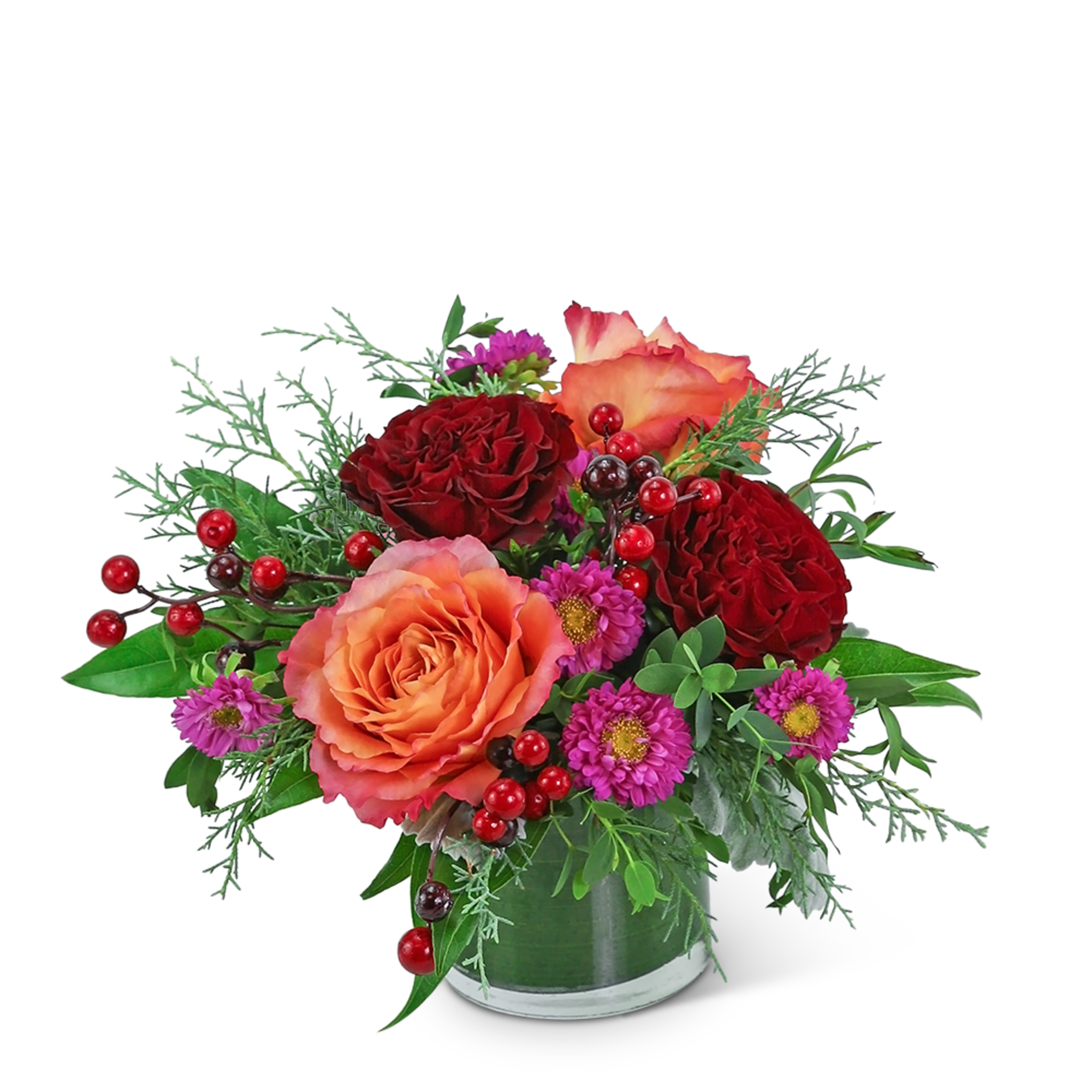 Arrangement of red and peach roses with purple daisies in a vase