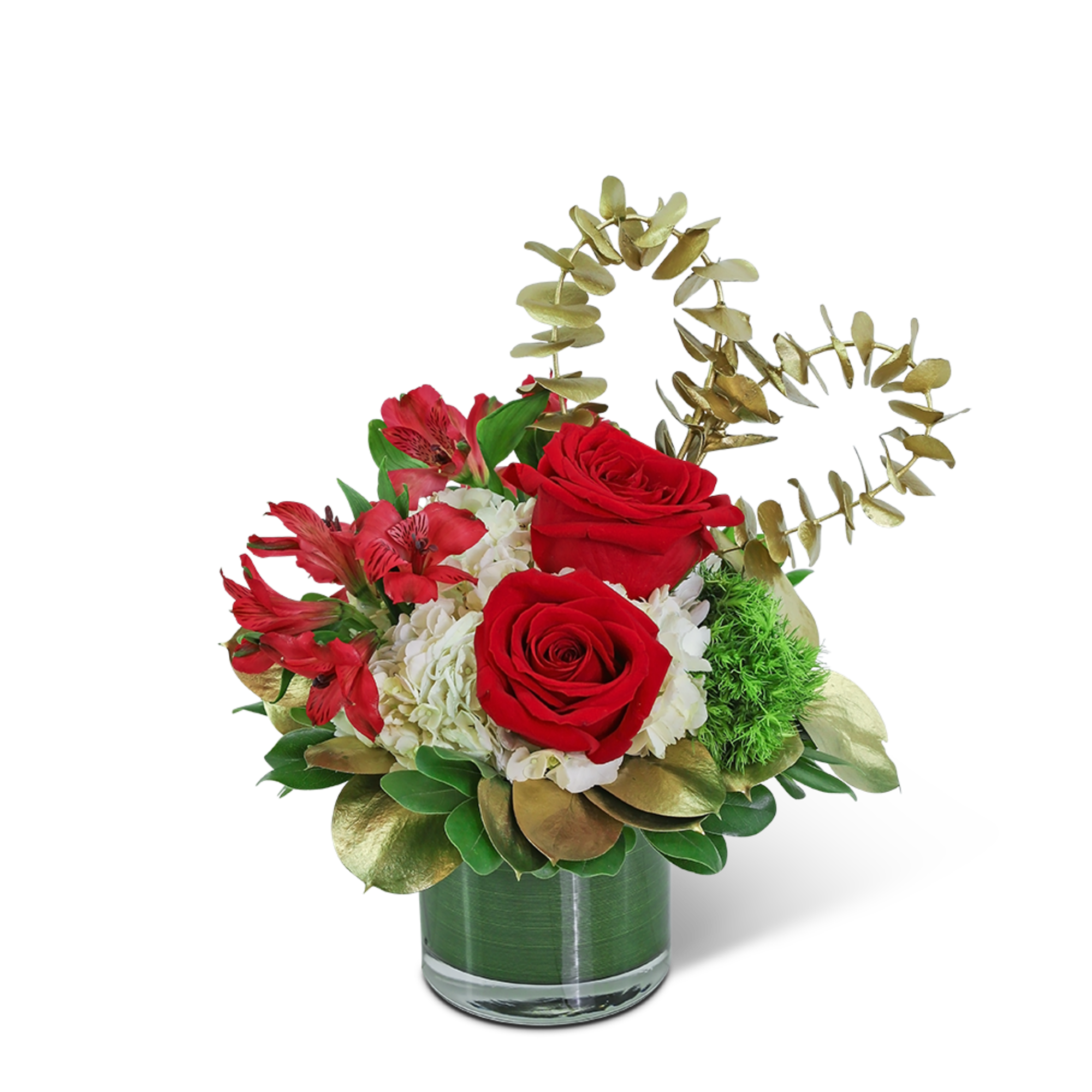 Red roses and white blooms in a glass vase with gold foliage accents