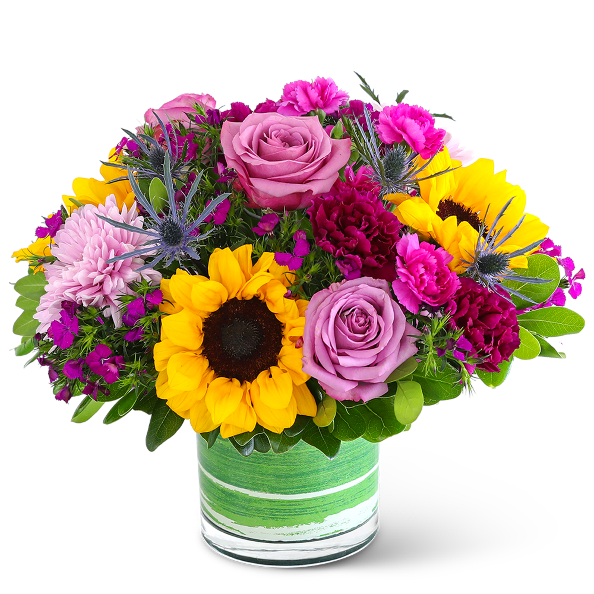 Mixed bouquet with roses, sunflowers, and carnations in a green glass vase