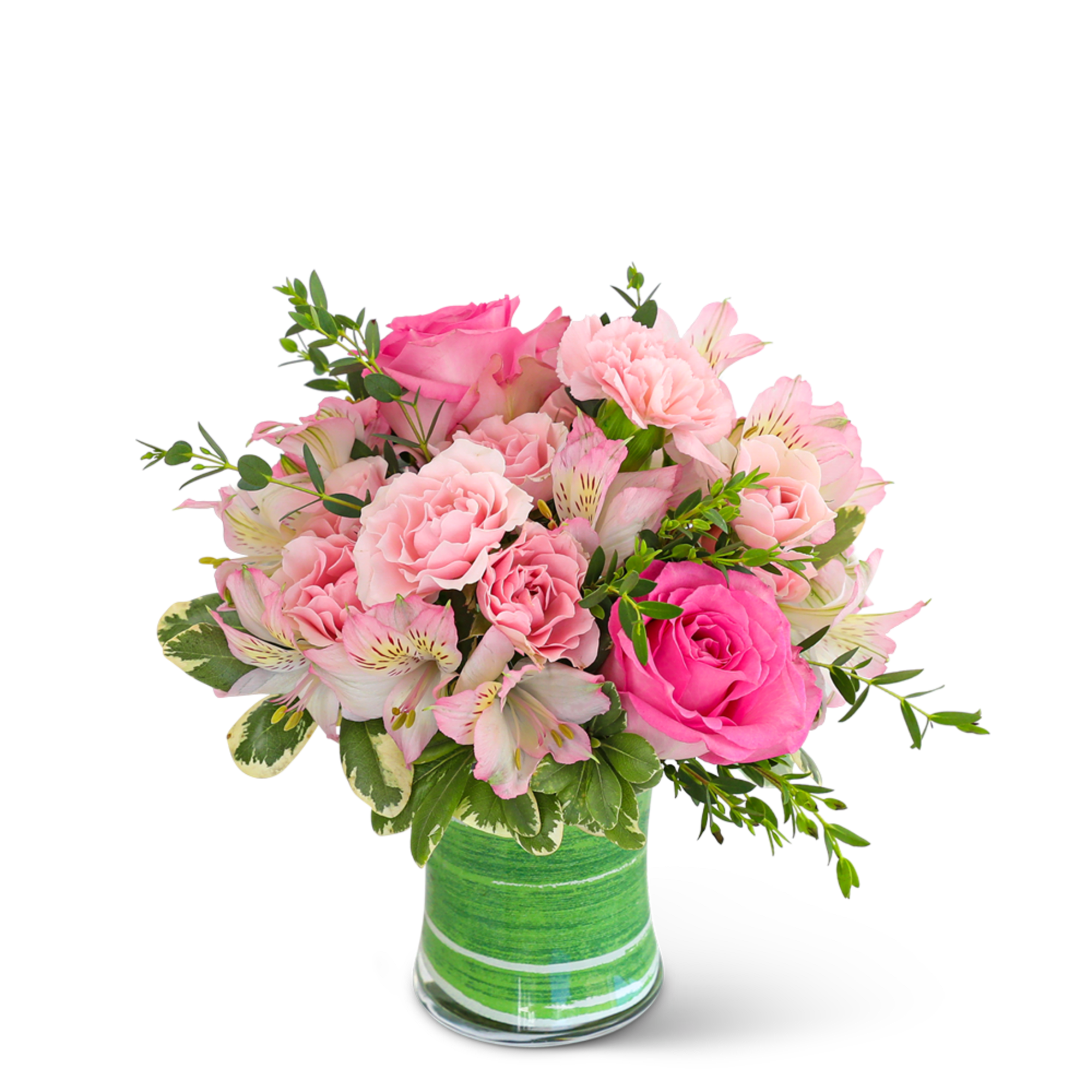Pink roses and alstroemeria in a green glass vase