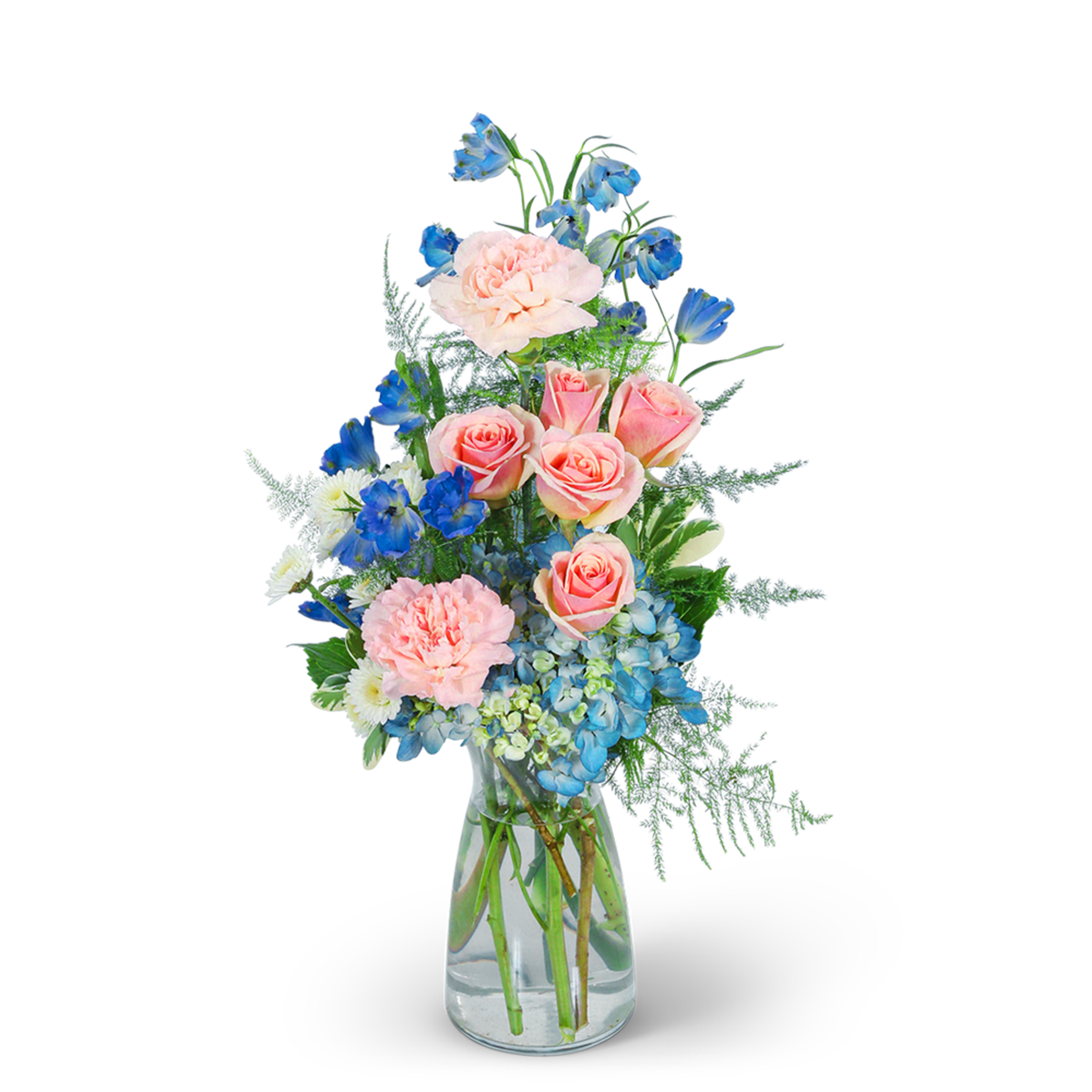 Pink roses and blue flowers arranged in a clear glass vase