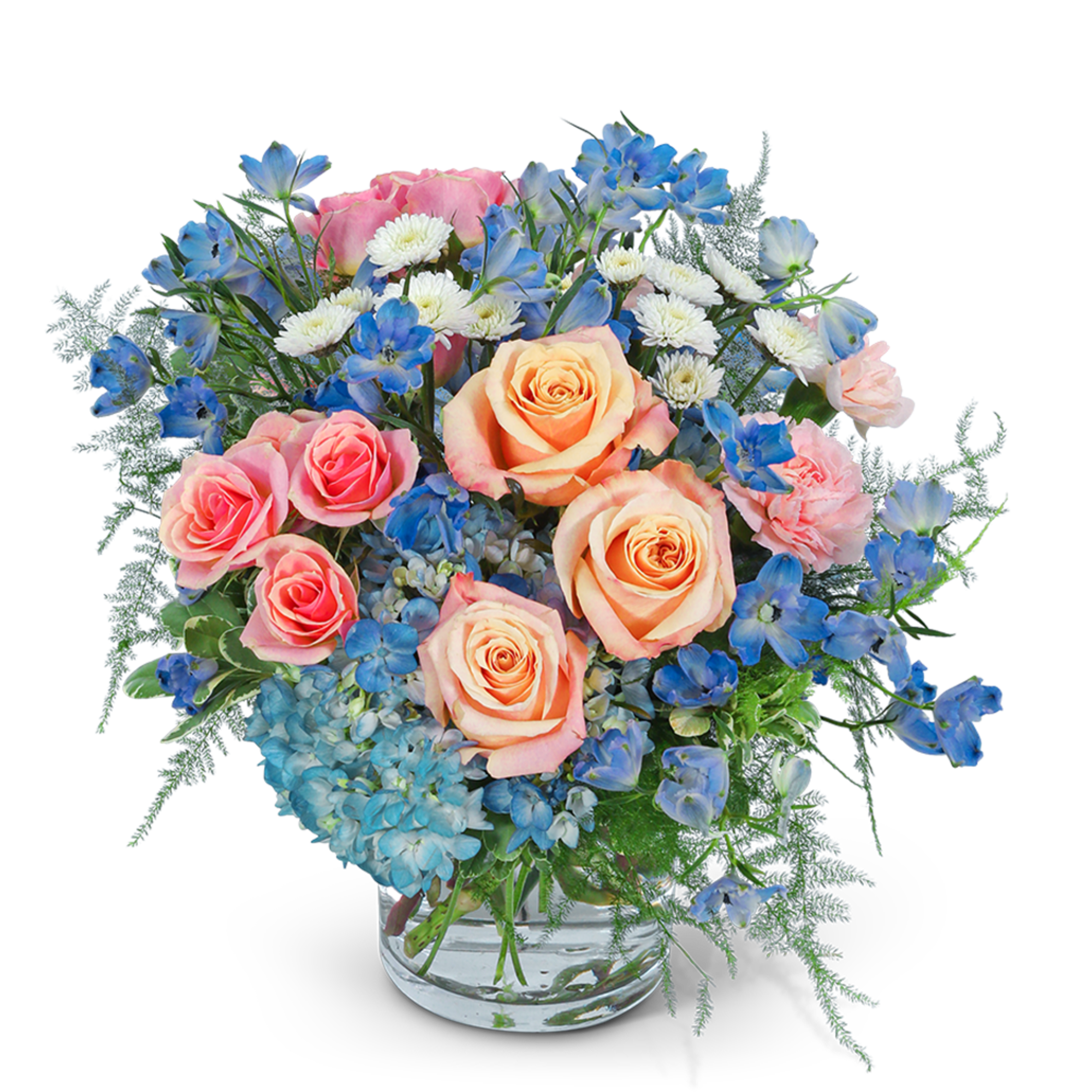 Pink and peach roses with blue and white flowers in a clear glass vase