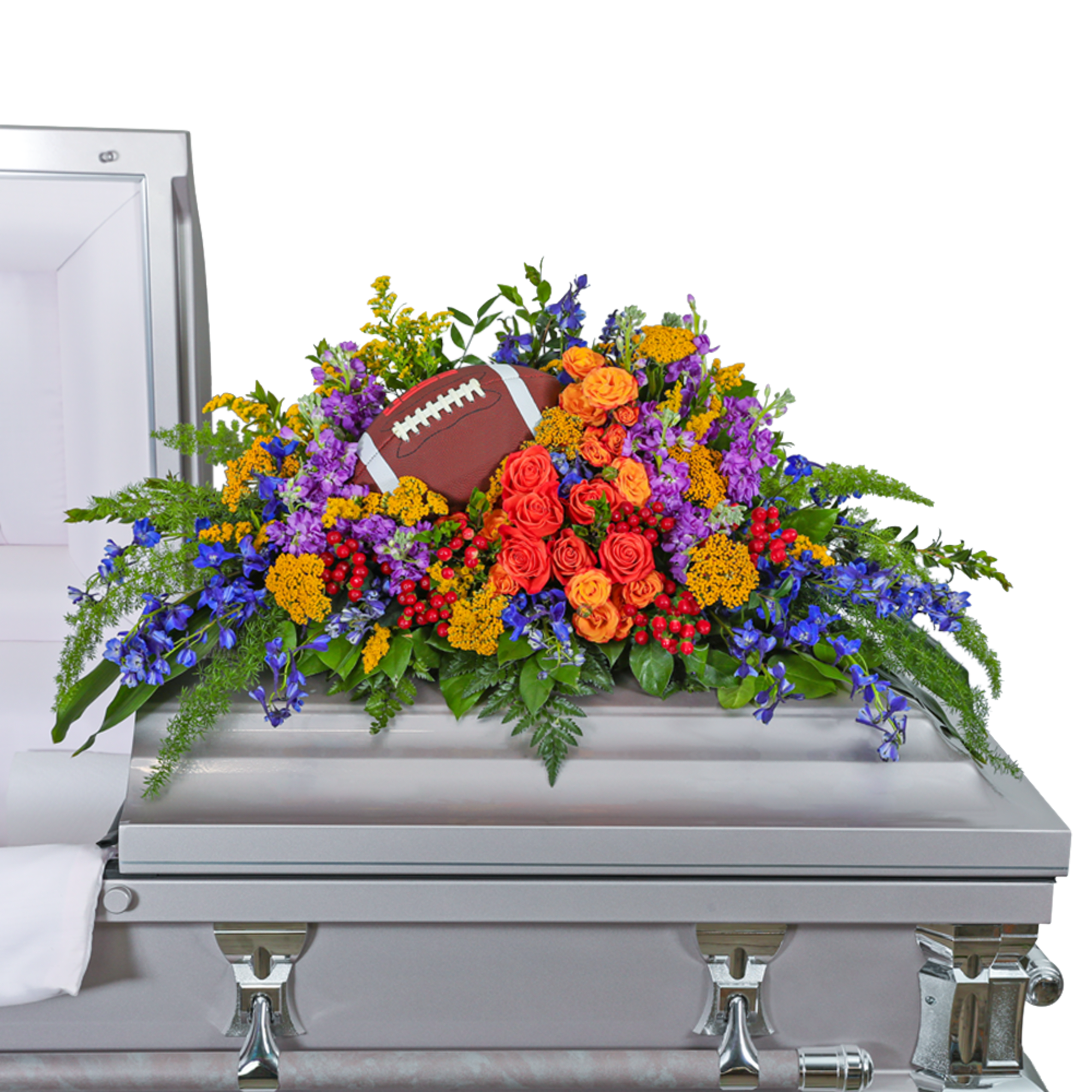 Colorful floral casket spray with a football centerpiece