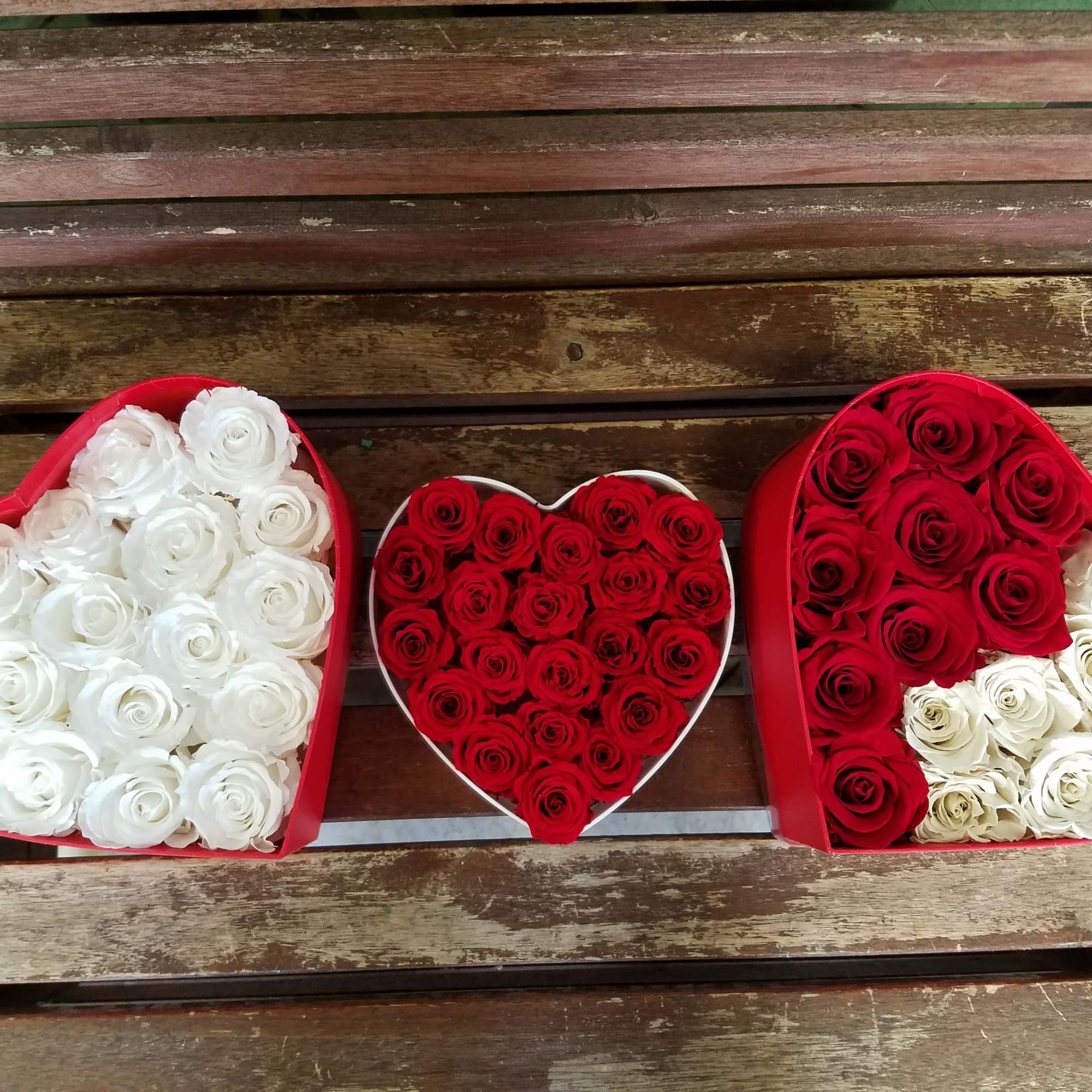Three heart-shaped boxes filled with red and white roses