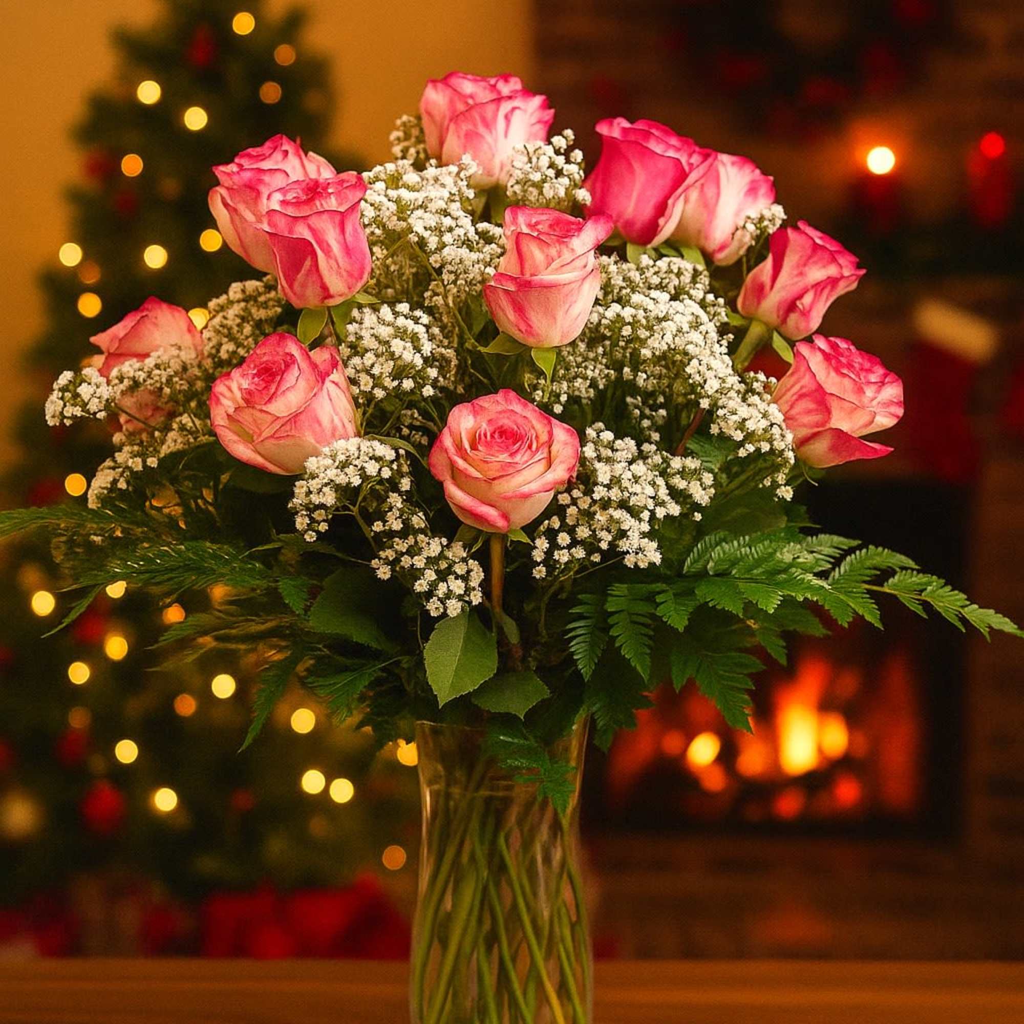 Tall arrangement of pink roses and white filler flowers in a clear glass vase on a table by a fireplace