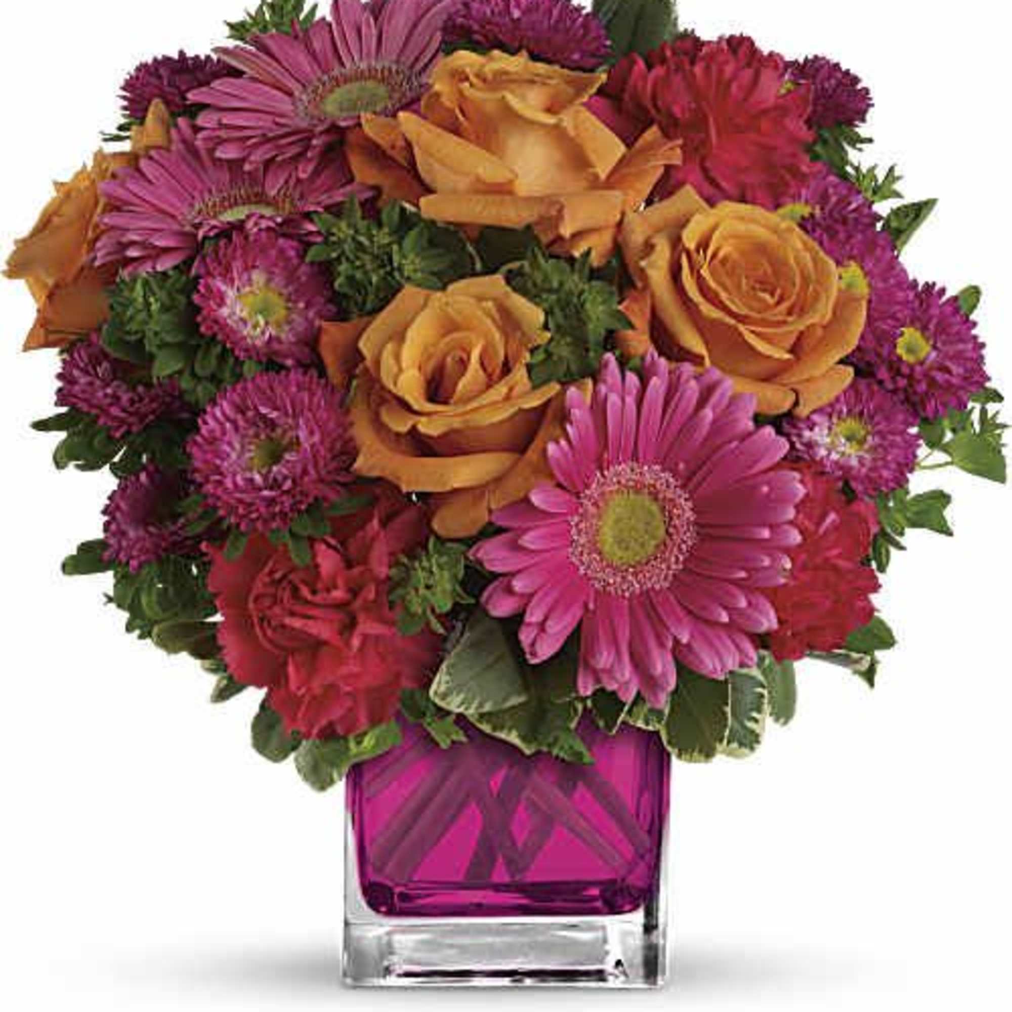 (ONE-SIDED) Hot pink gerbera, vibrant orange roses, red and pink carnations arranged