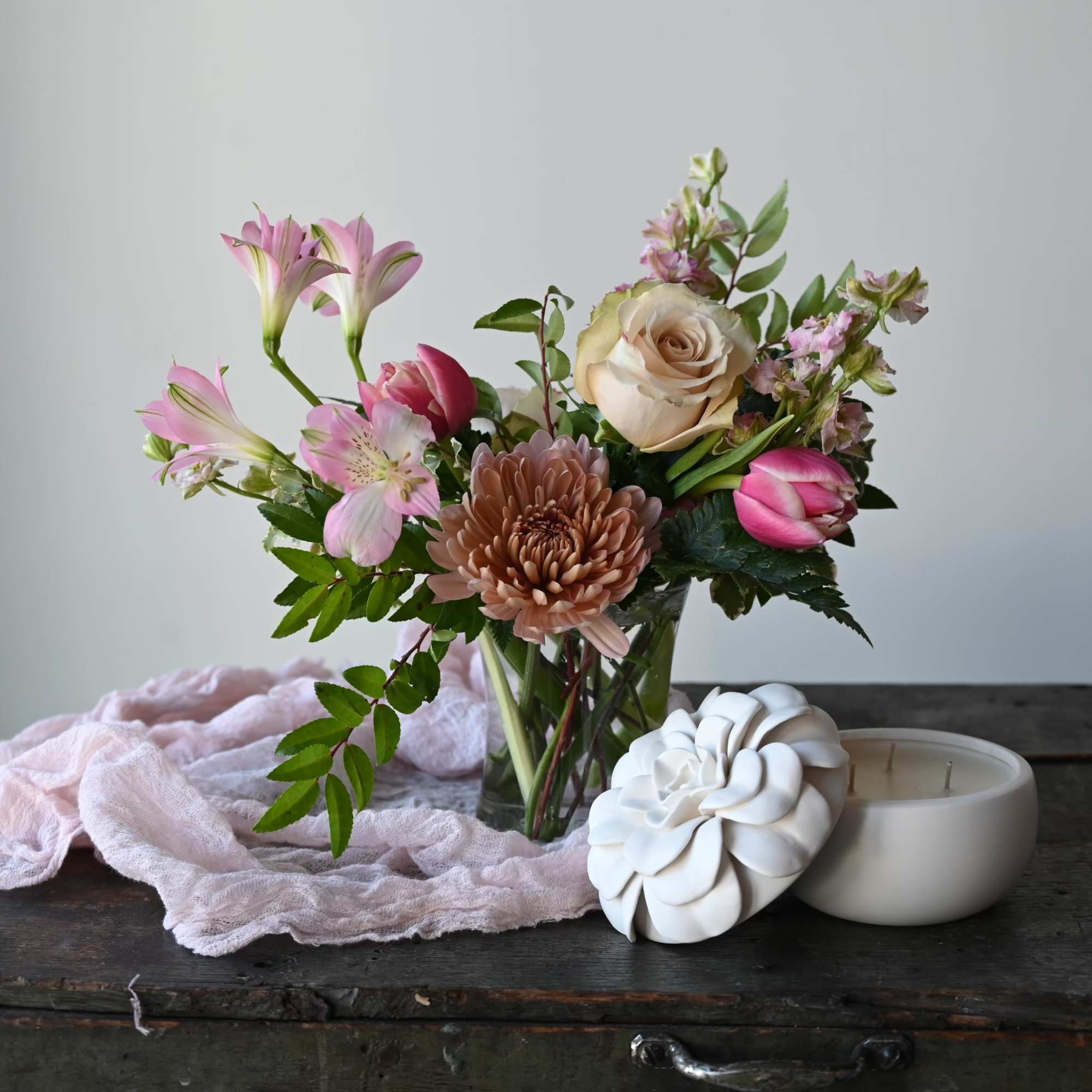Our mason jar holds a simple, but lovely bouquet of seasonal flowers., photo 4 of 4