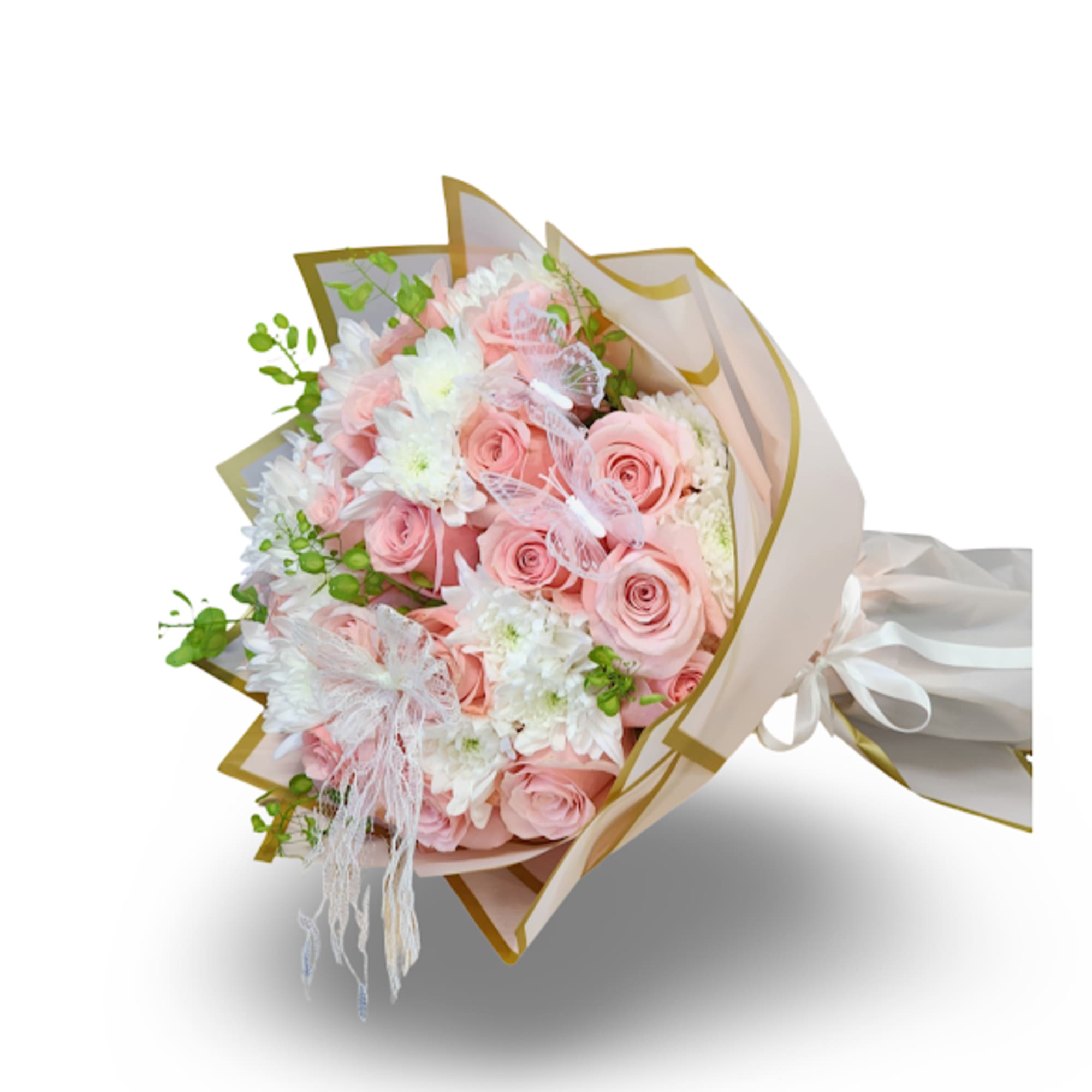 Bouquet of pink roses and white daisies wrapped in pale paper